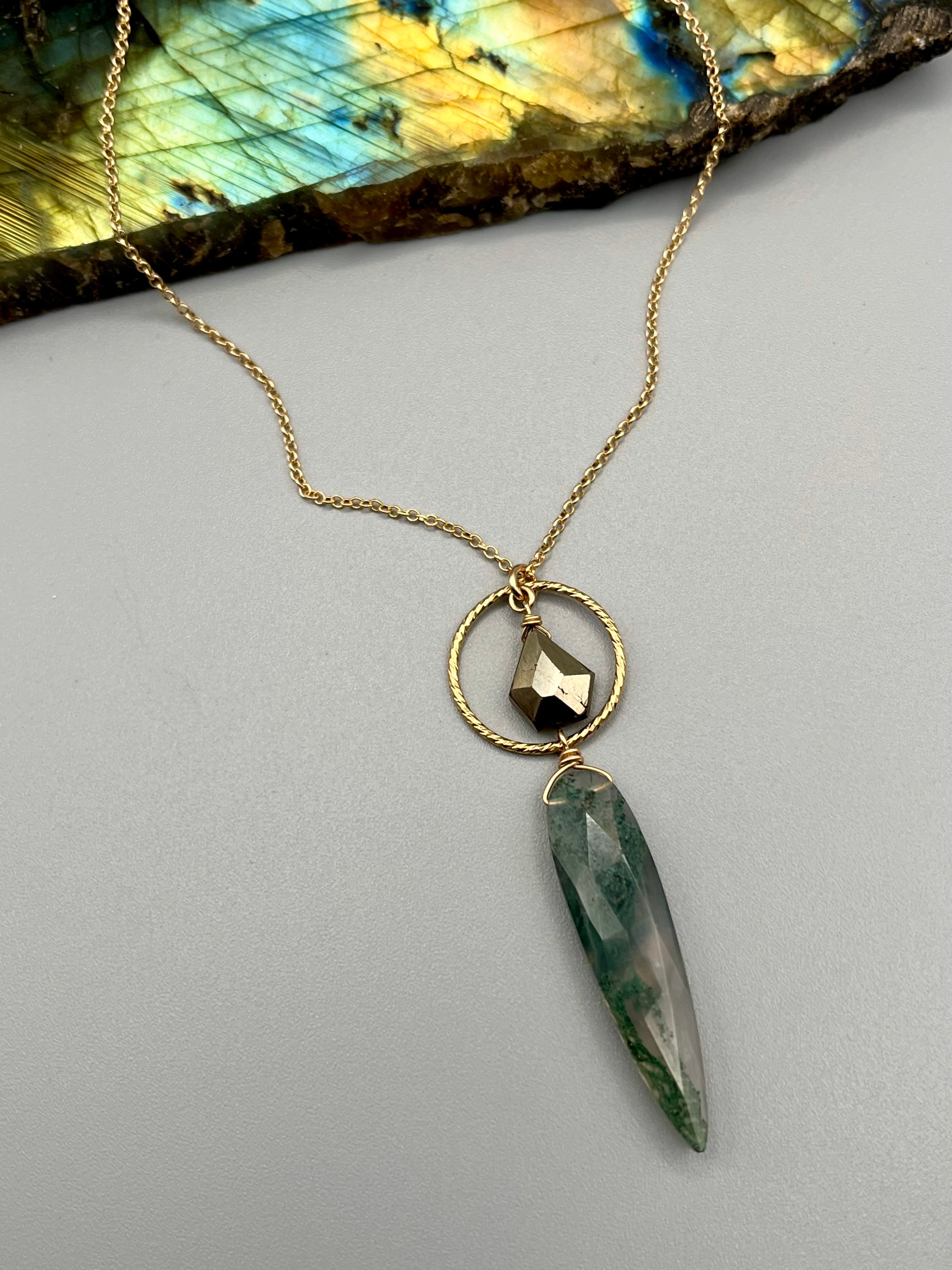 •LUNA• pyrite + moss agate gold necklace (18"-20" long)