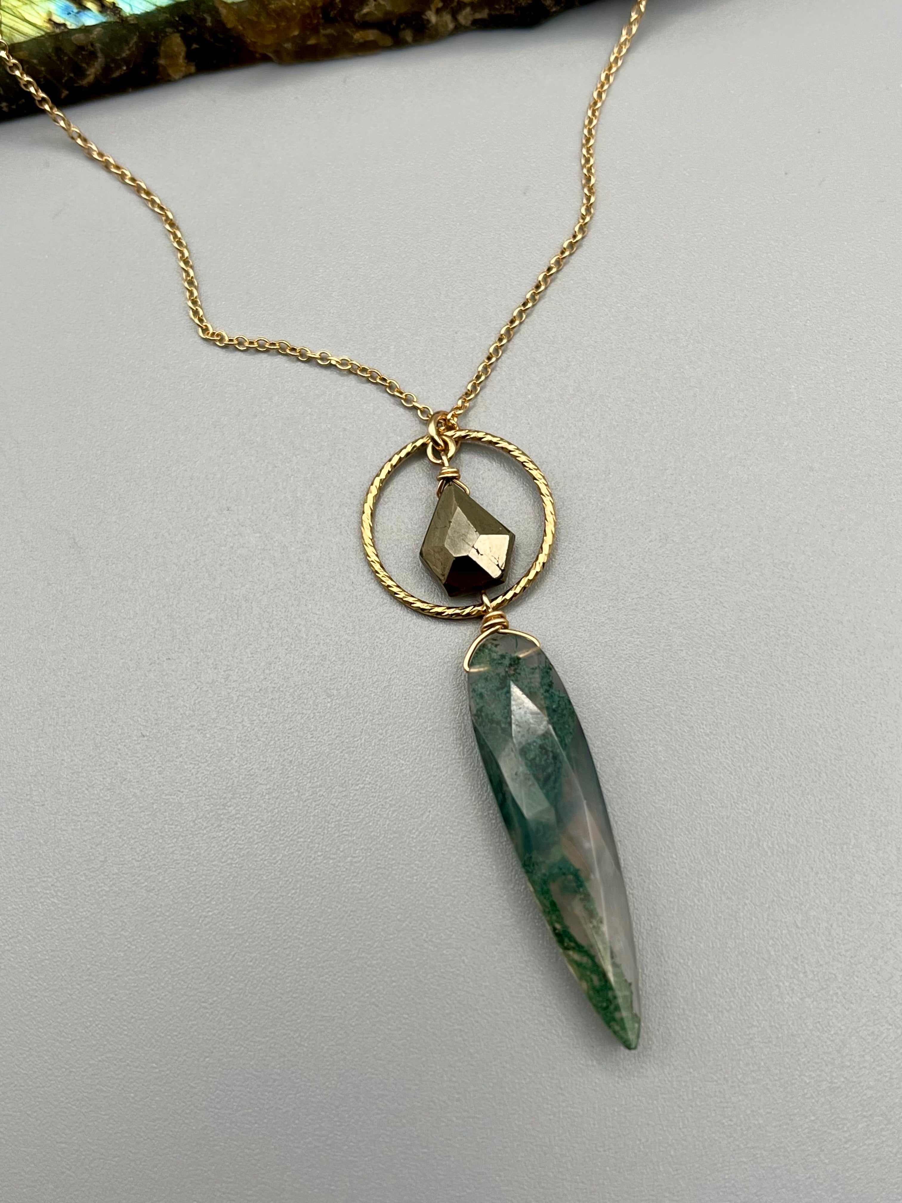 •LUNA• pyrite + moss agate gold necklace (18"-20" long)