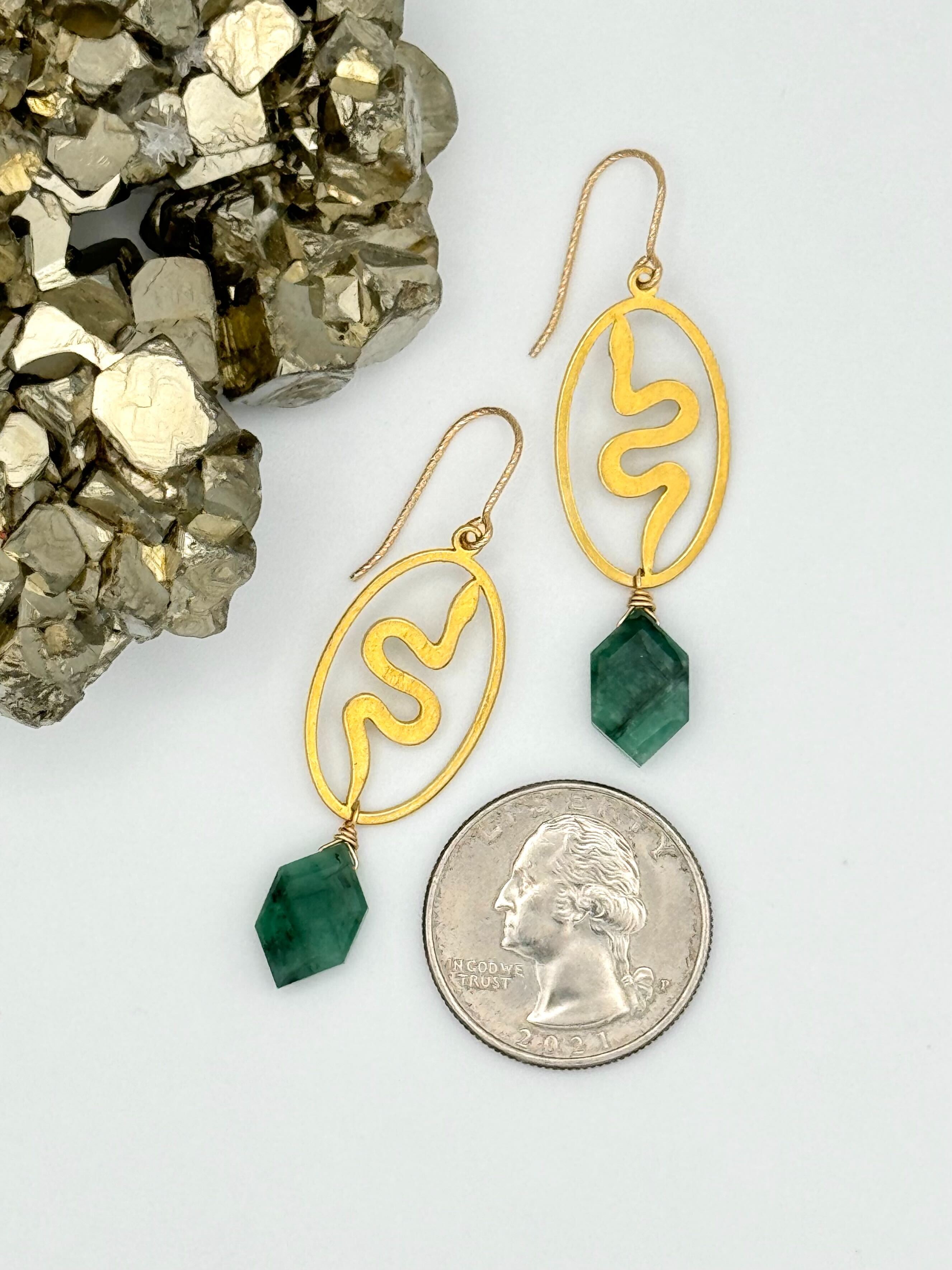 •SERPENT HEX• emerald + gold dangle earrings