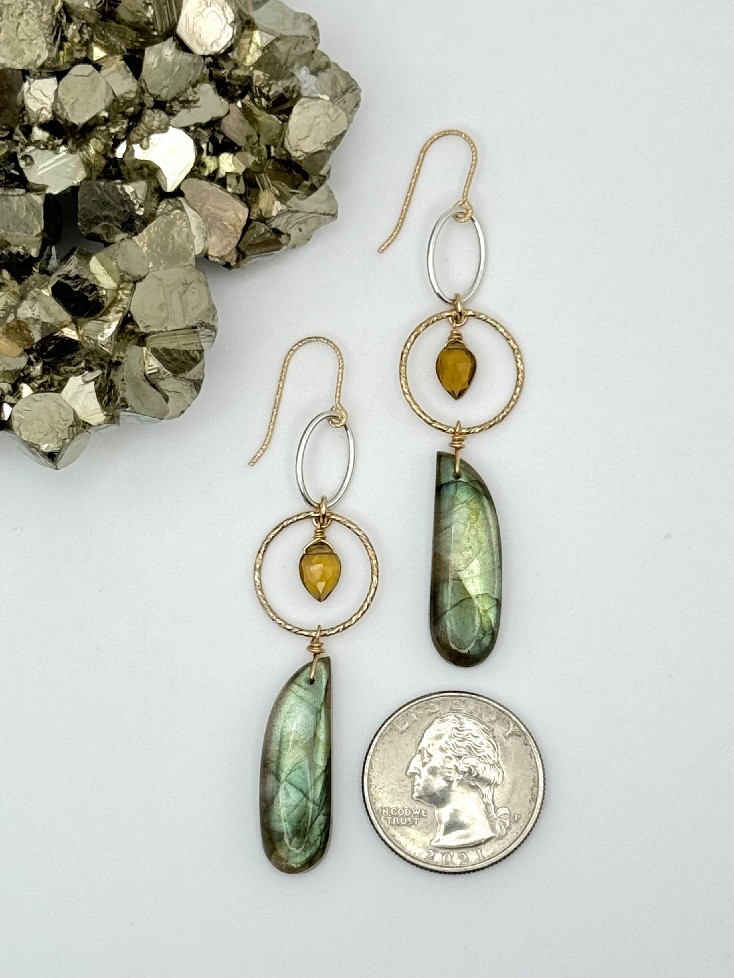 •DUA LUNA• labradorite + honey quartz + mixed metal dangle earrings