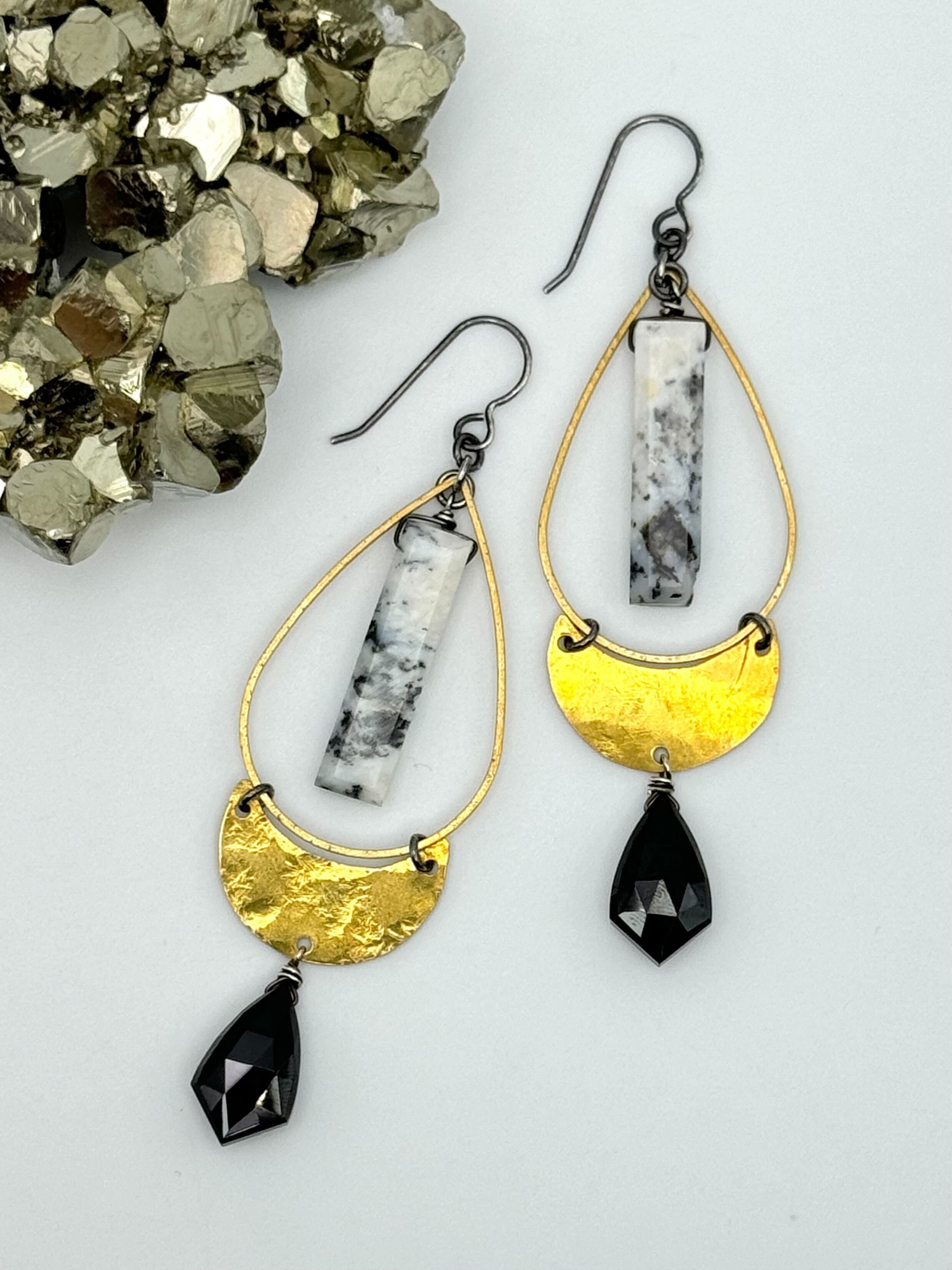 •PENDULUM MOON• dendritic opal + black spinel + mixed metal dangle earrings