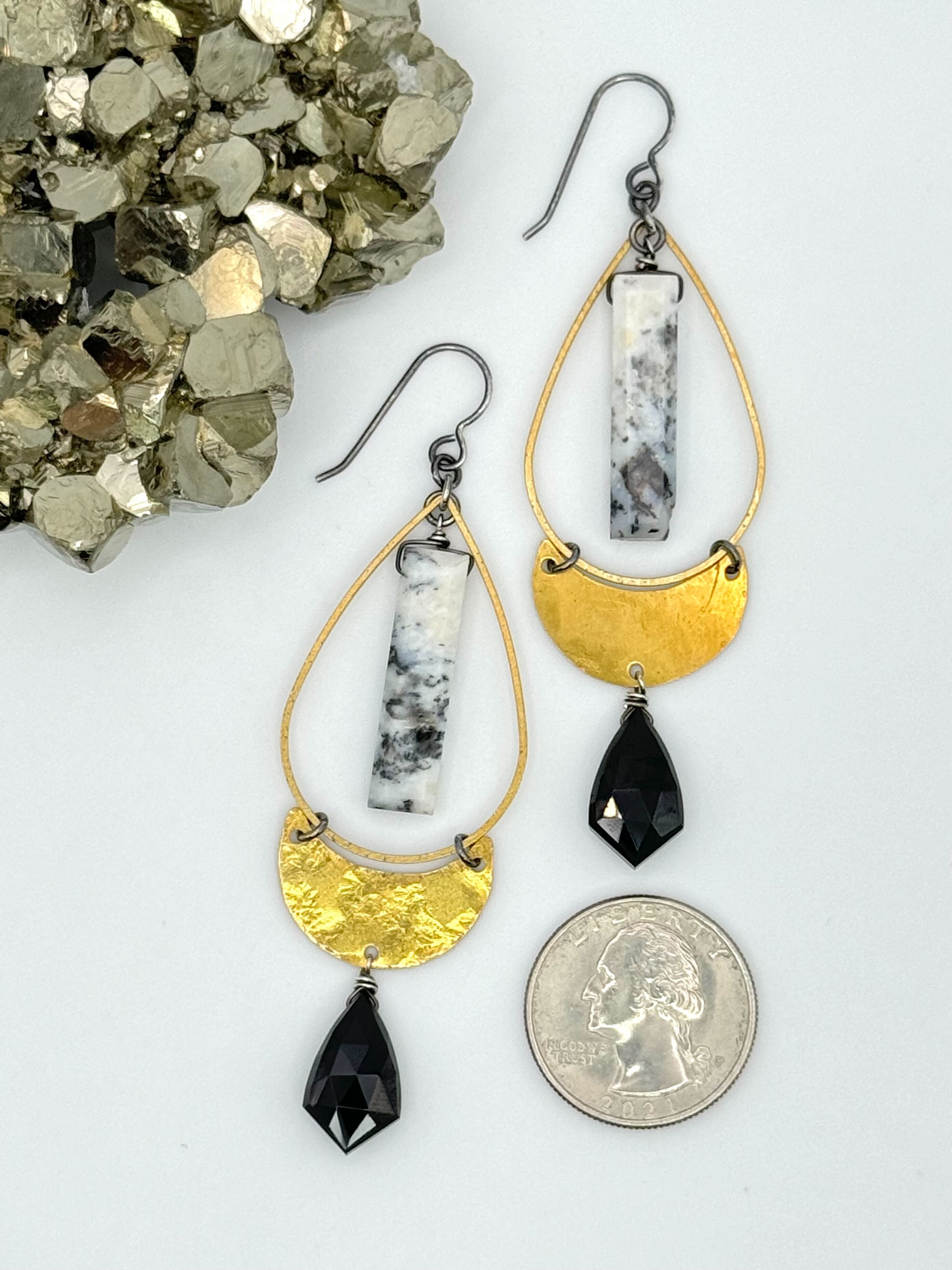 •PENDULUM MOON• dendritic opal + black spinel + mixed metal dangle earrings