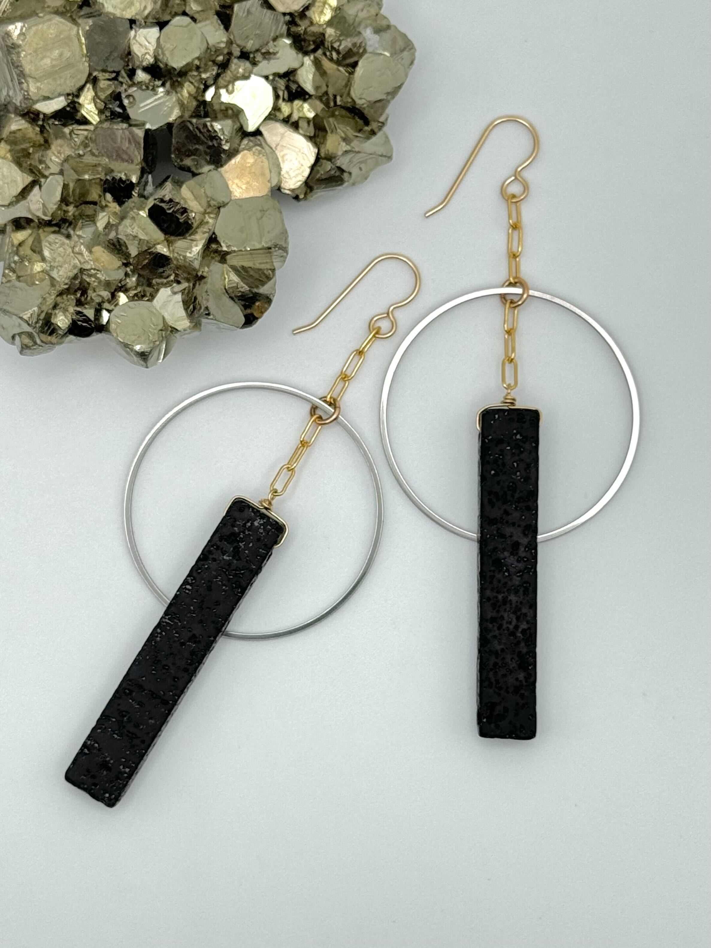 •SCHISM• black lava + mixed metal dangle earrings