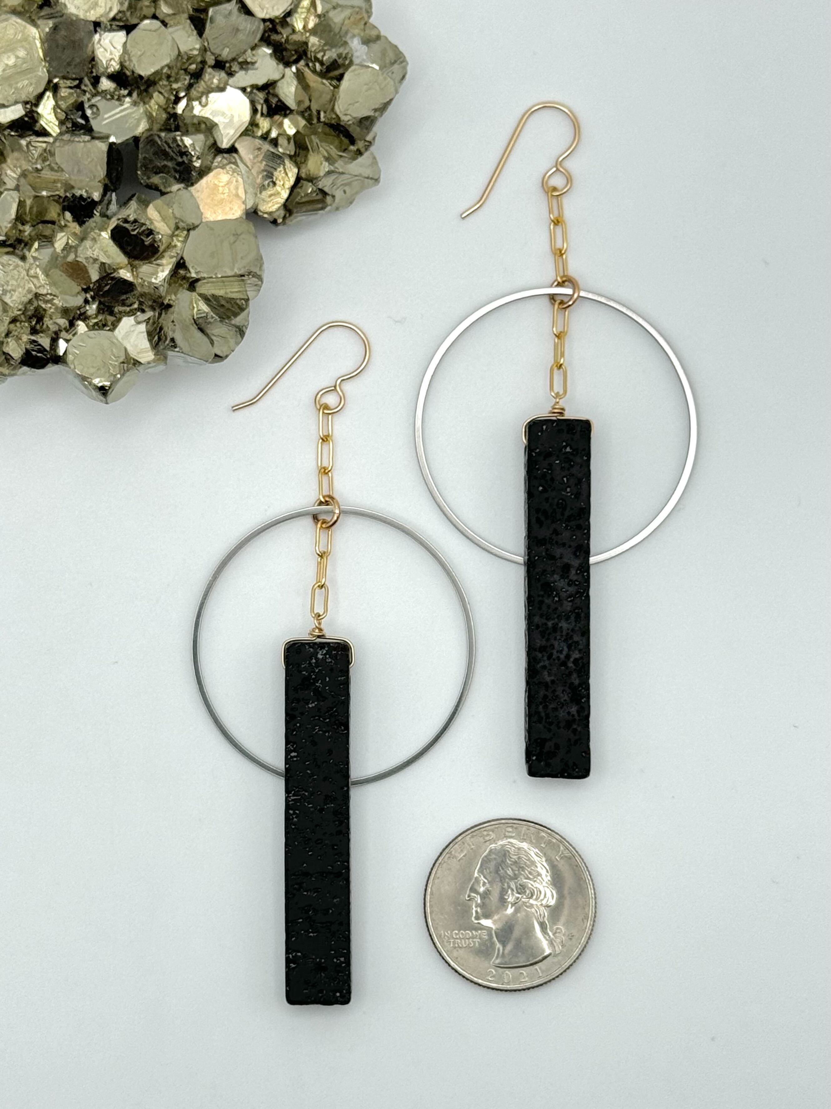 •SCHISM• black lava + mixed metal dangle earrings