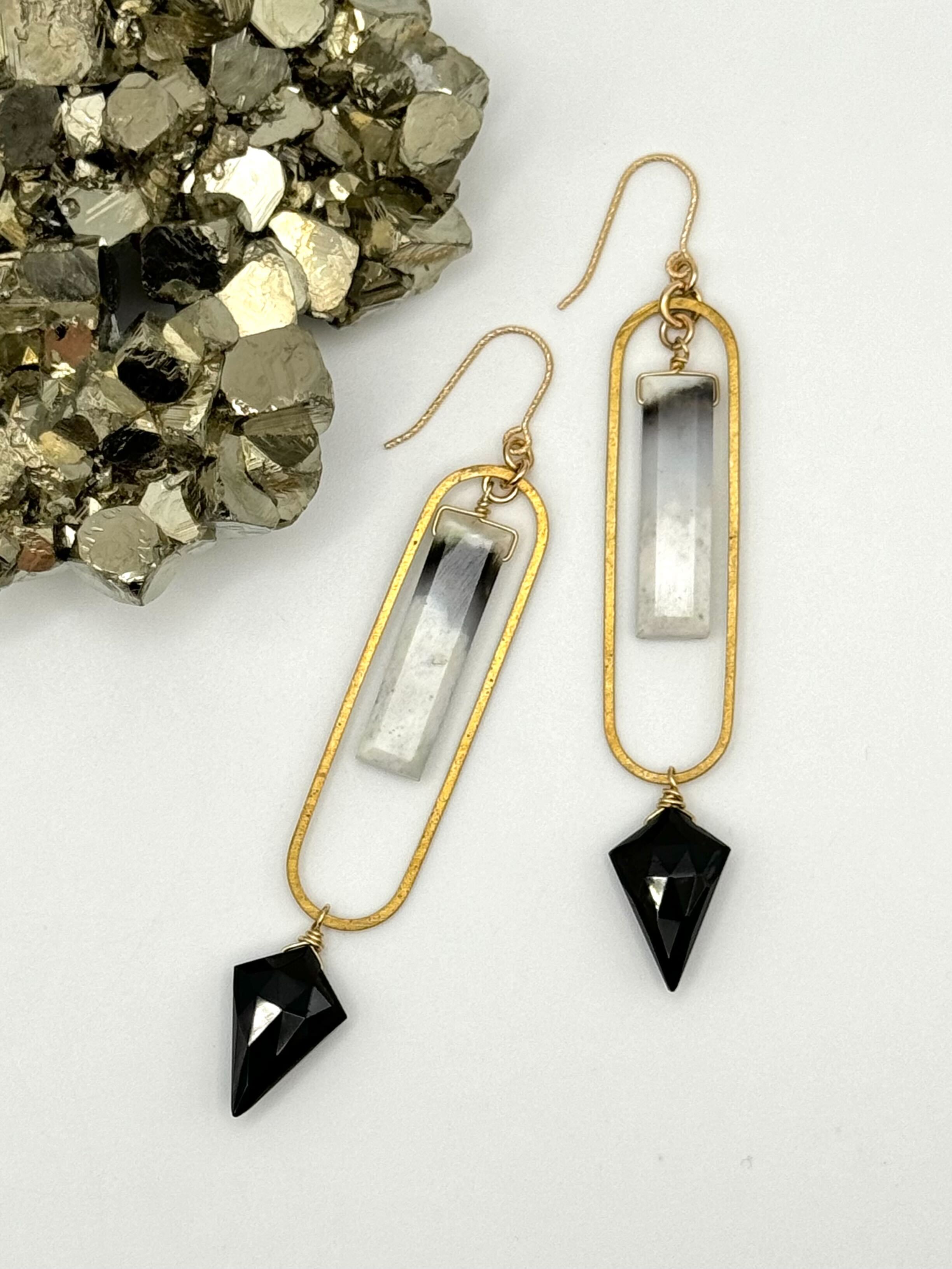 •PENDULUM• dendritic opal + black spinel + gold dangle earrings