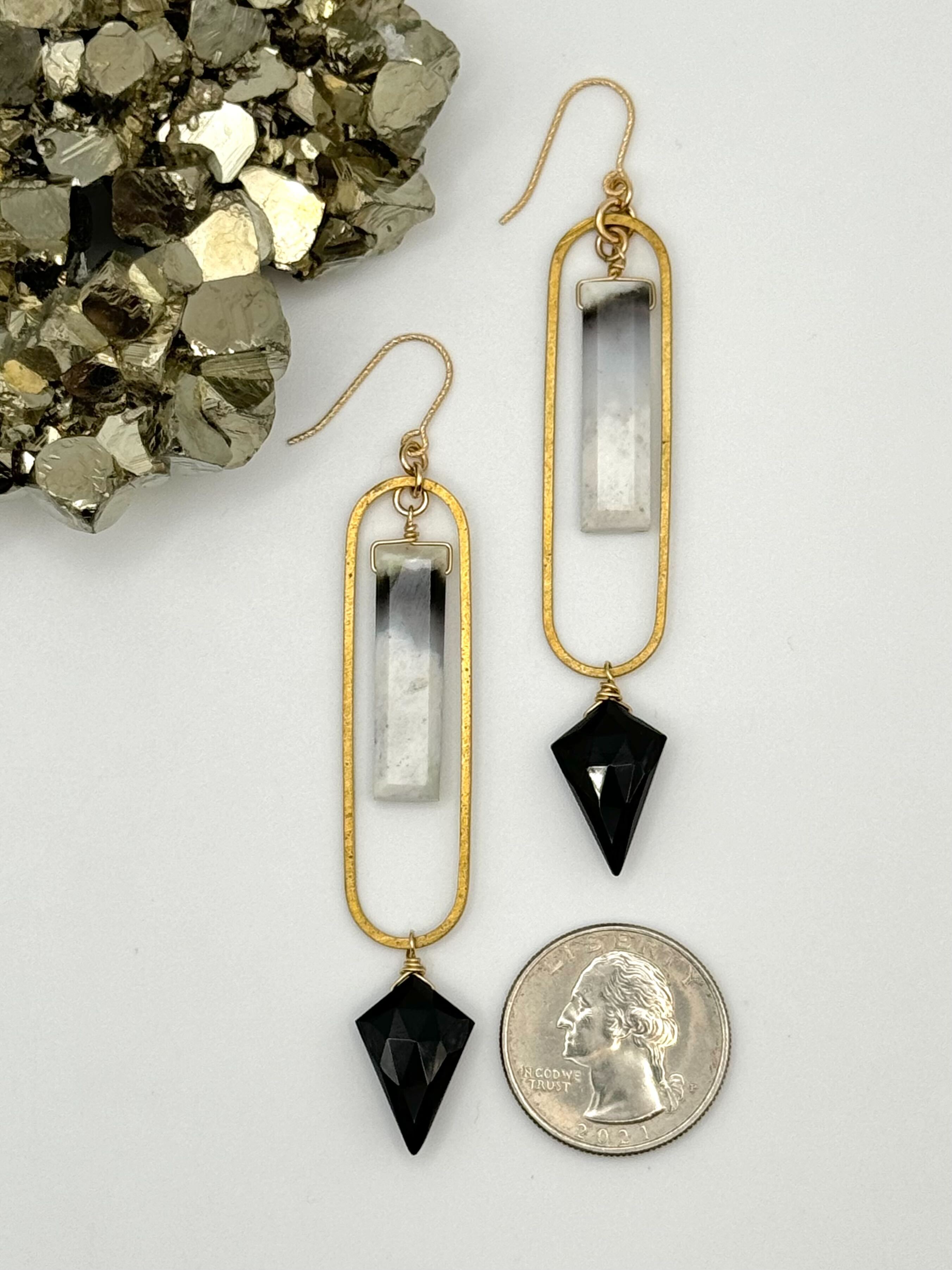 •PENDULUM• dendritic opal + black spinel + gold dangle earrings