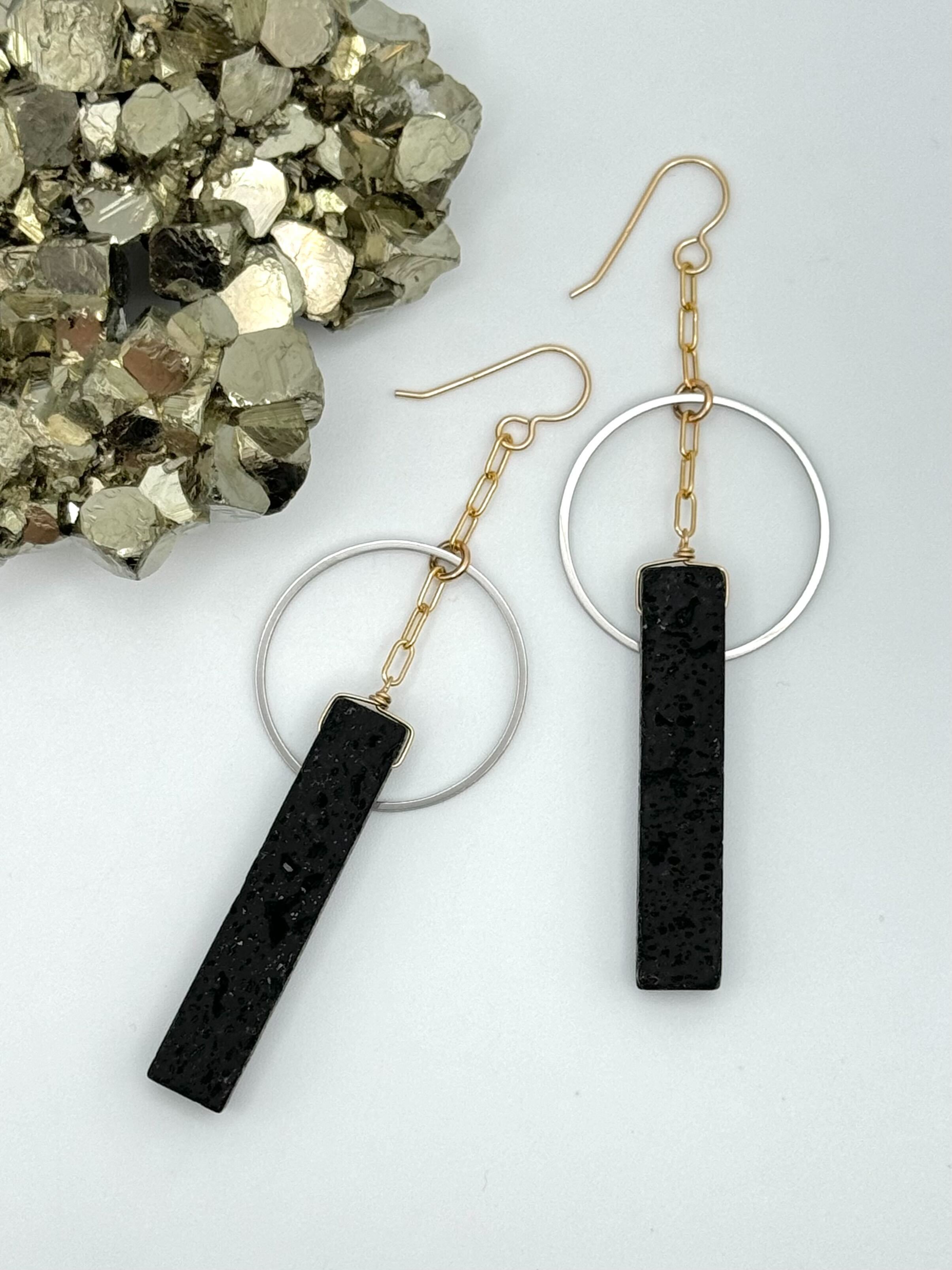 •SCHISM• black lava + mixed metal dangle earrings