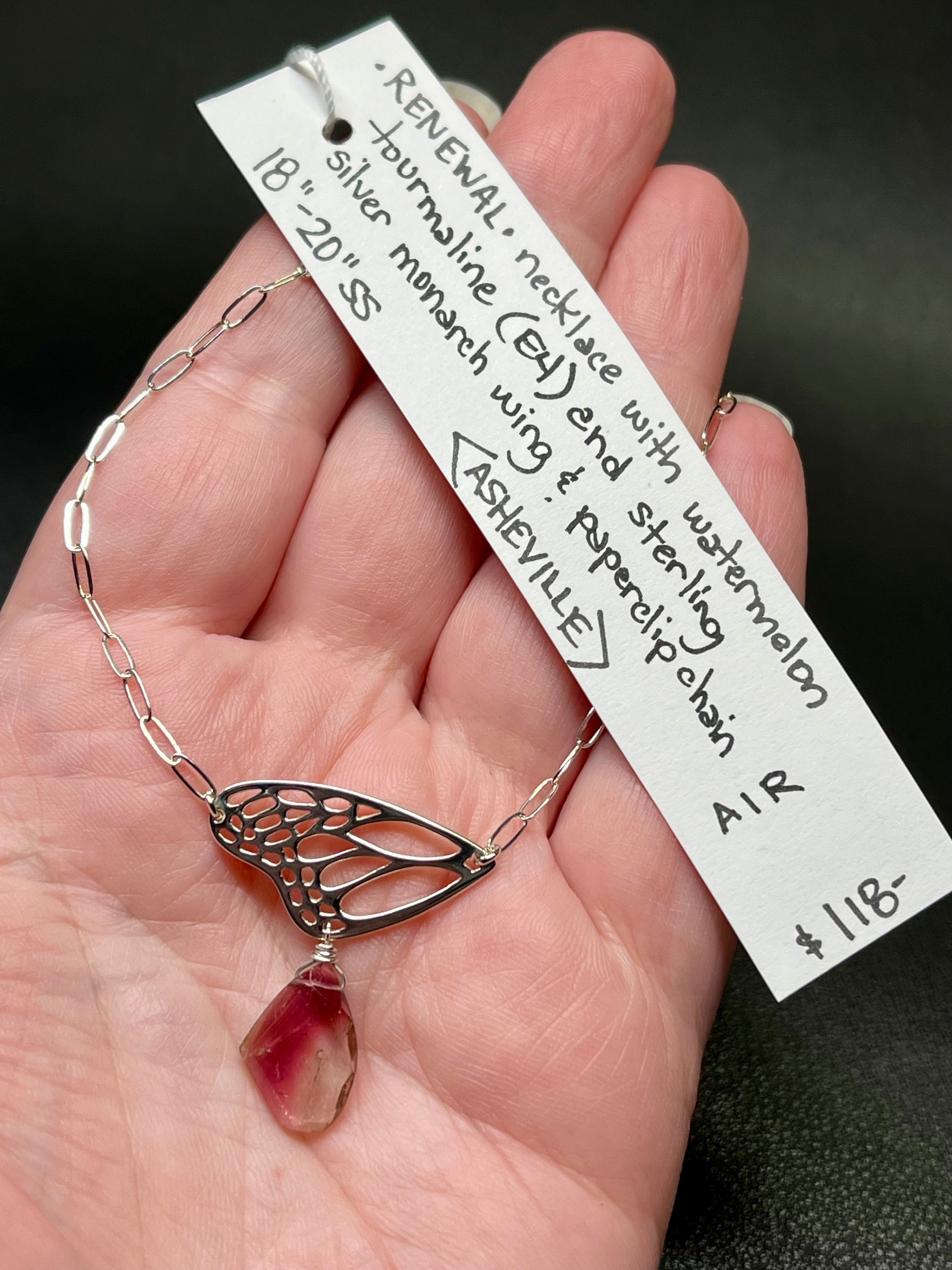 •RENEWAL• watermelon tourmaline + wing + silver necklace (18"-20" long)