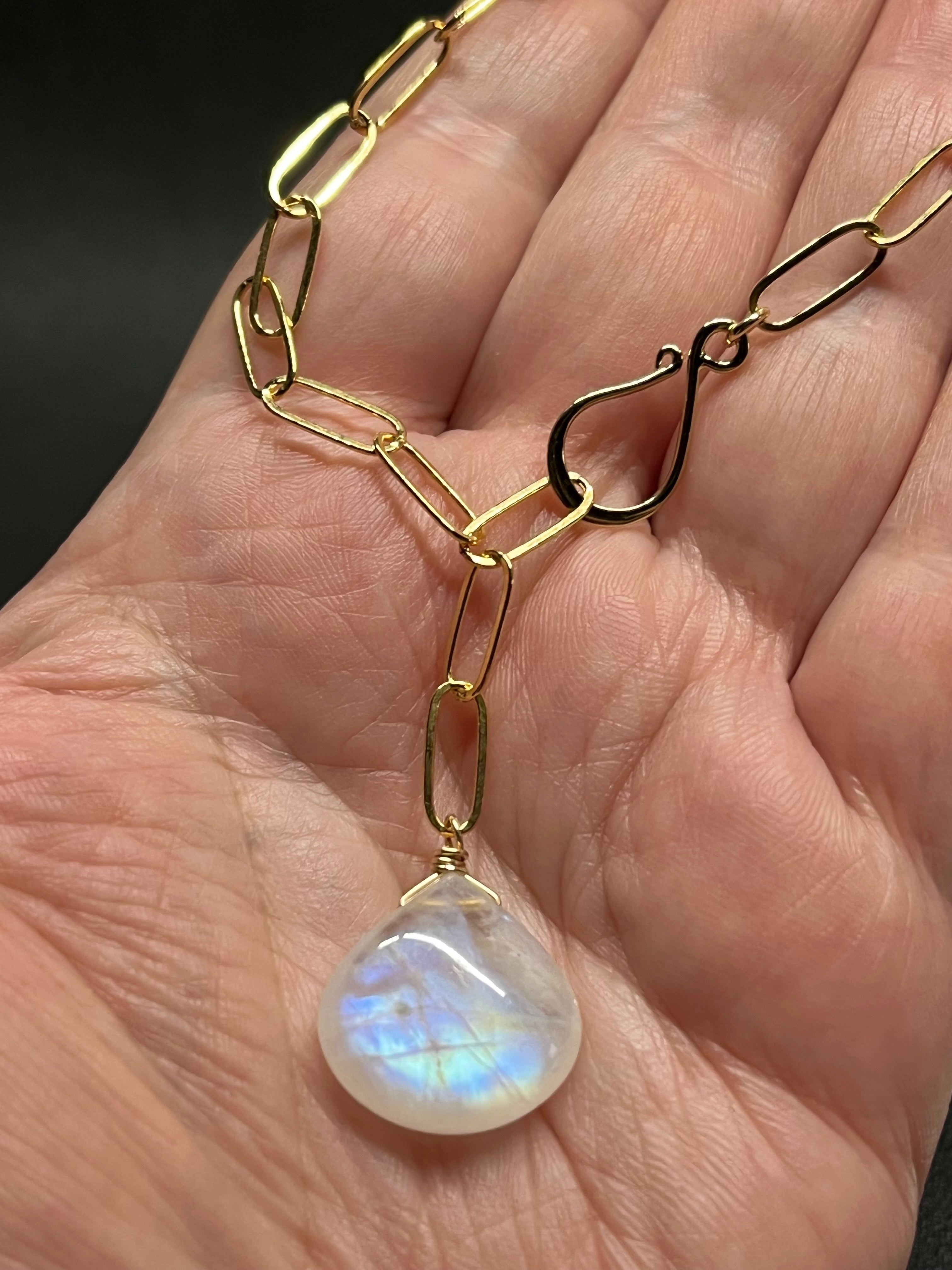 •LINKED• rainbow moonstone teardrop + gold necklace (ADJ to 20")