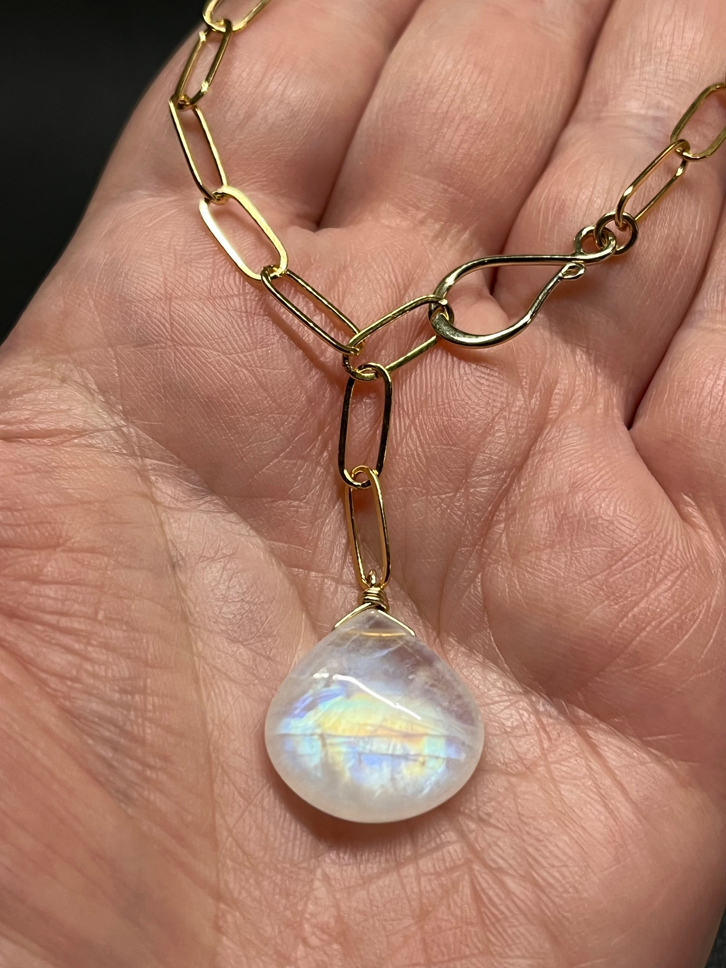 •LINKED• rainbow moonstone teardrop + gold necklace (ADJ to 20")