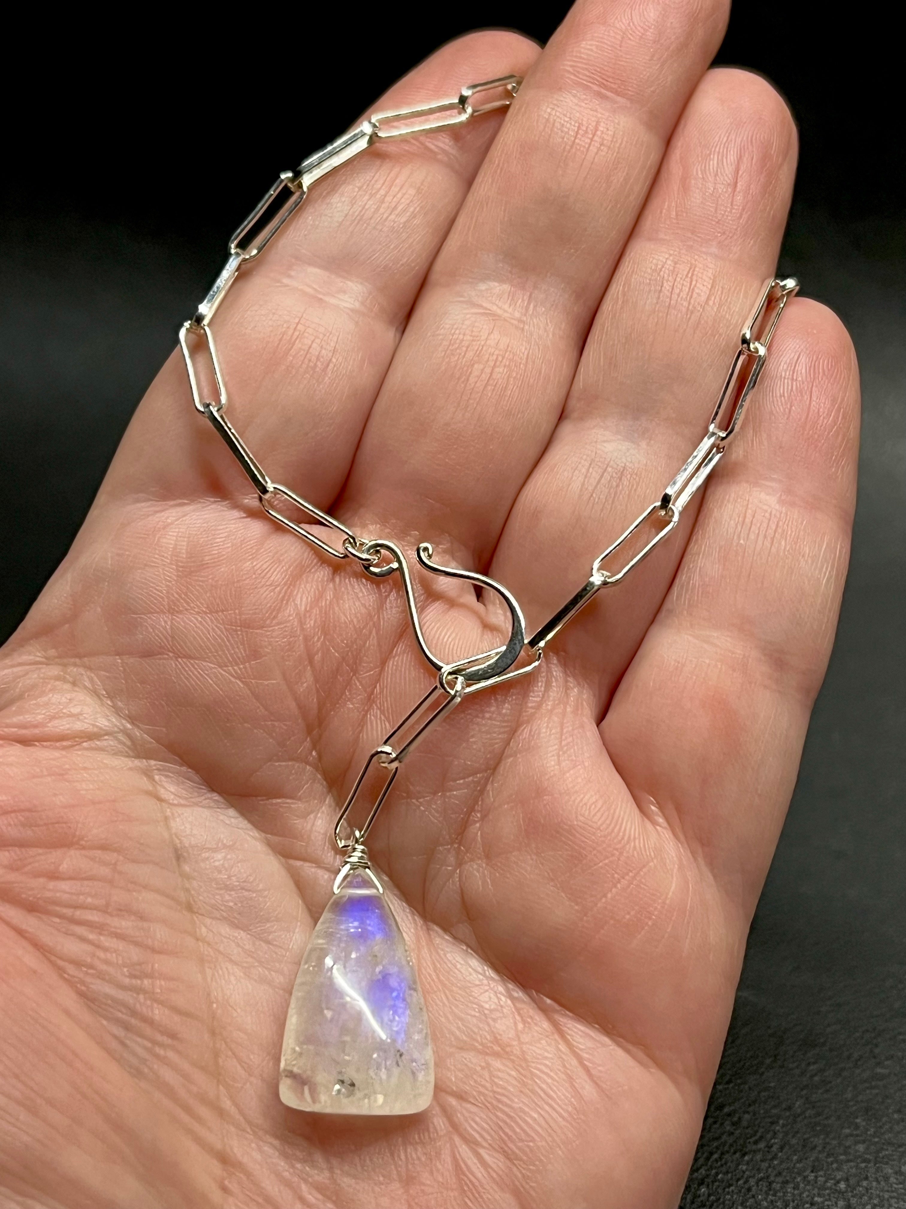 •LINKED• rainbow moonstone triangle + silver necklace (ADJ to 20")