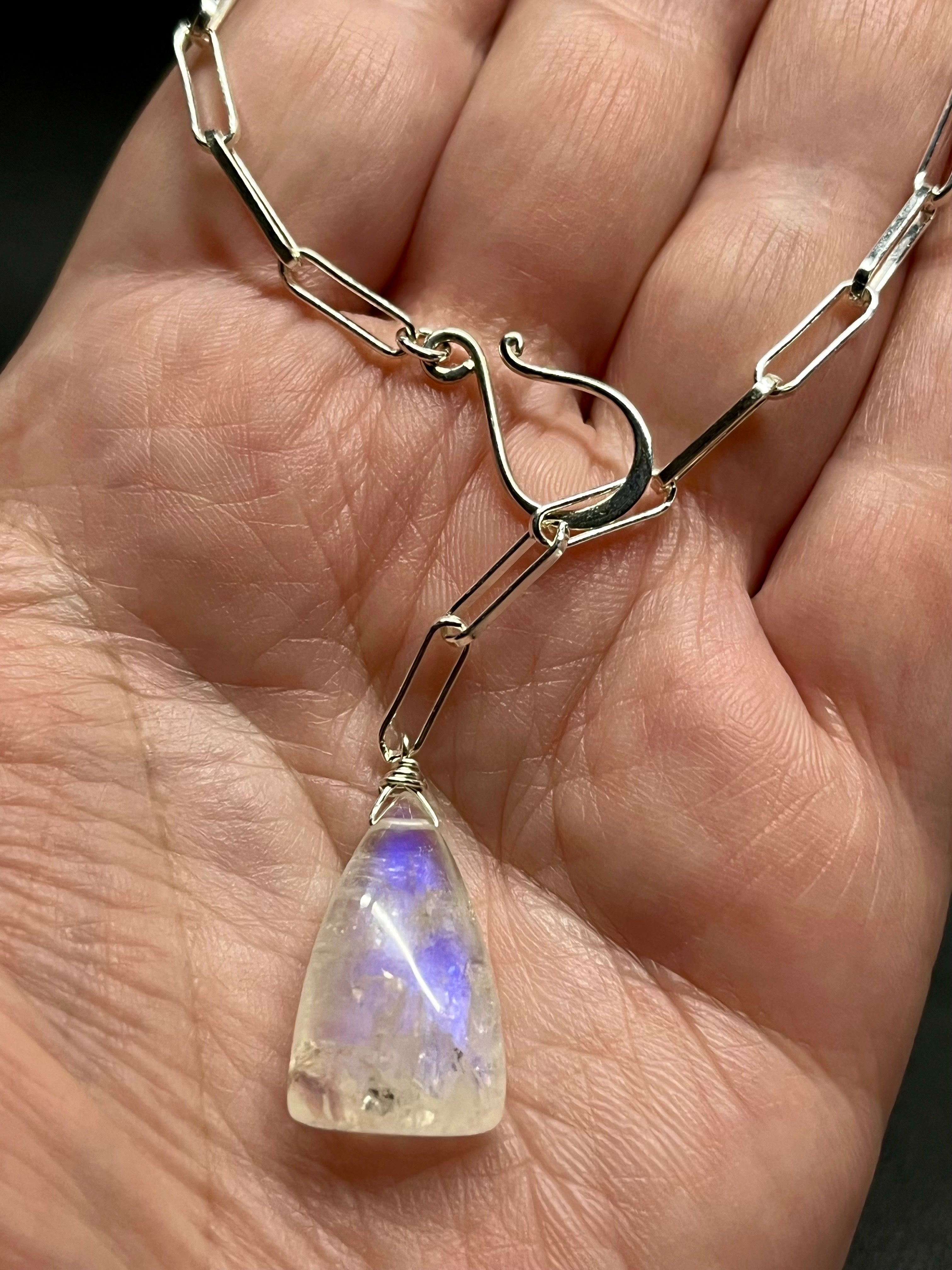 •LINKED• rainbow moonstone triangle + silver necklace (ADJ to 20")