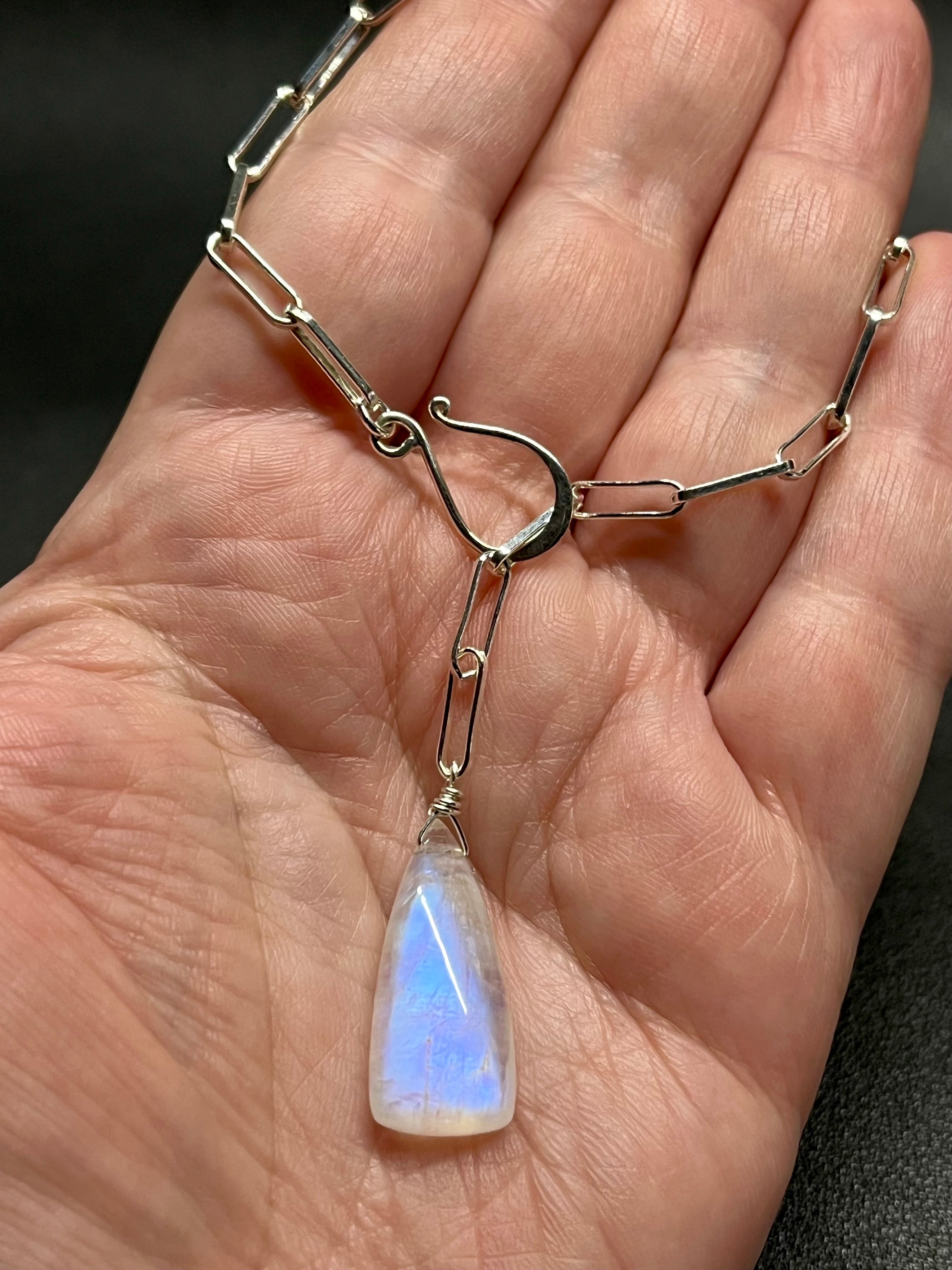 •LINKED• rainbow moonstone elongated triangle + silver necklace (ADJ to 20")