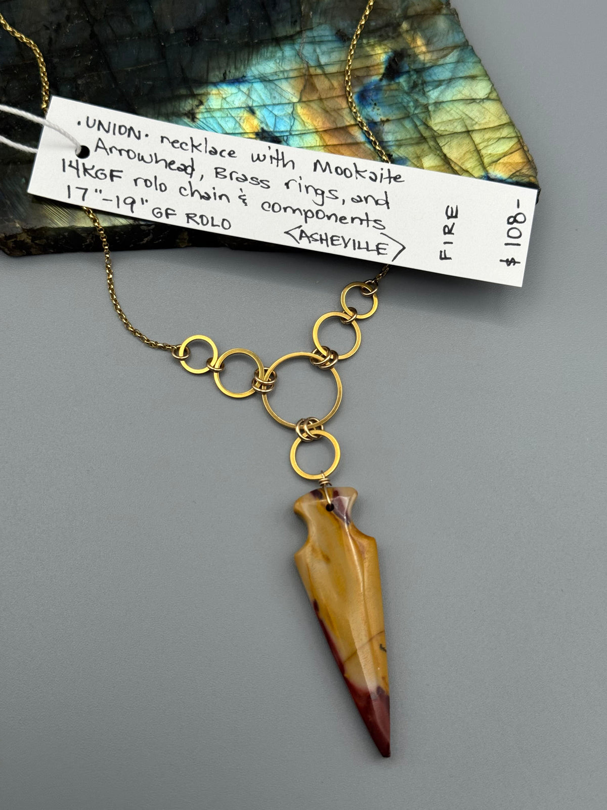 •UNION• mookaite arrowhead + gold necklace (17"-19" long)