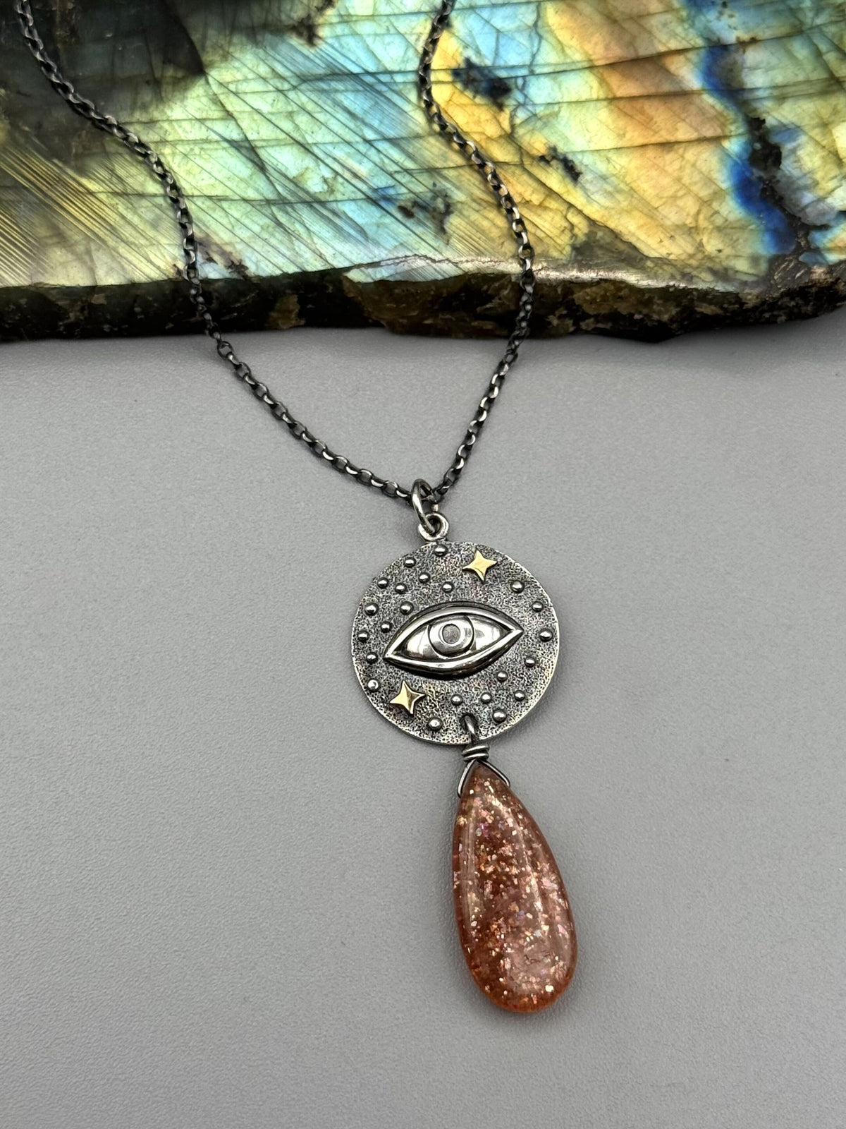 •INVOKE• sunstone teardrop + silver necklace (16"-18" long)