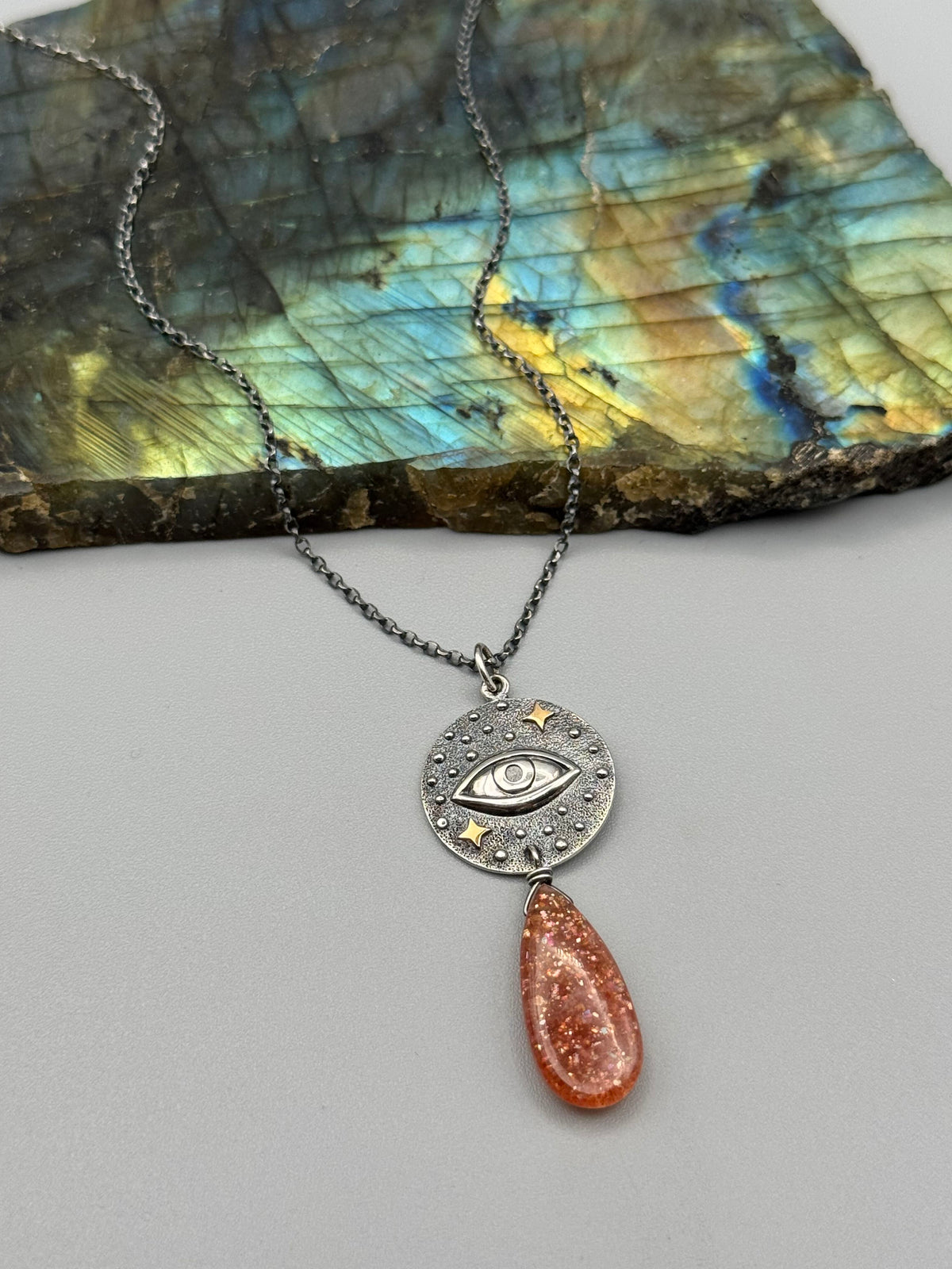 •INVOKE• sunstone teardrop + silver necklace (16"-18" long)