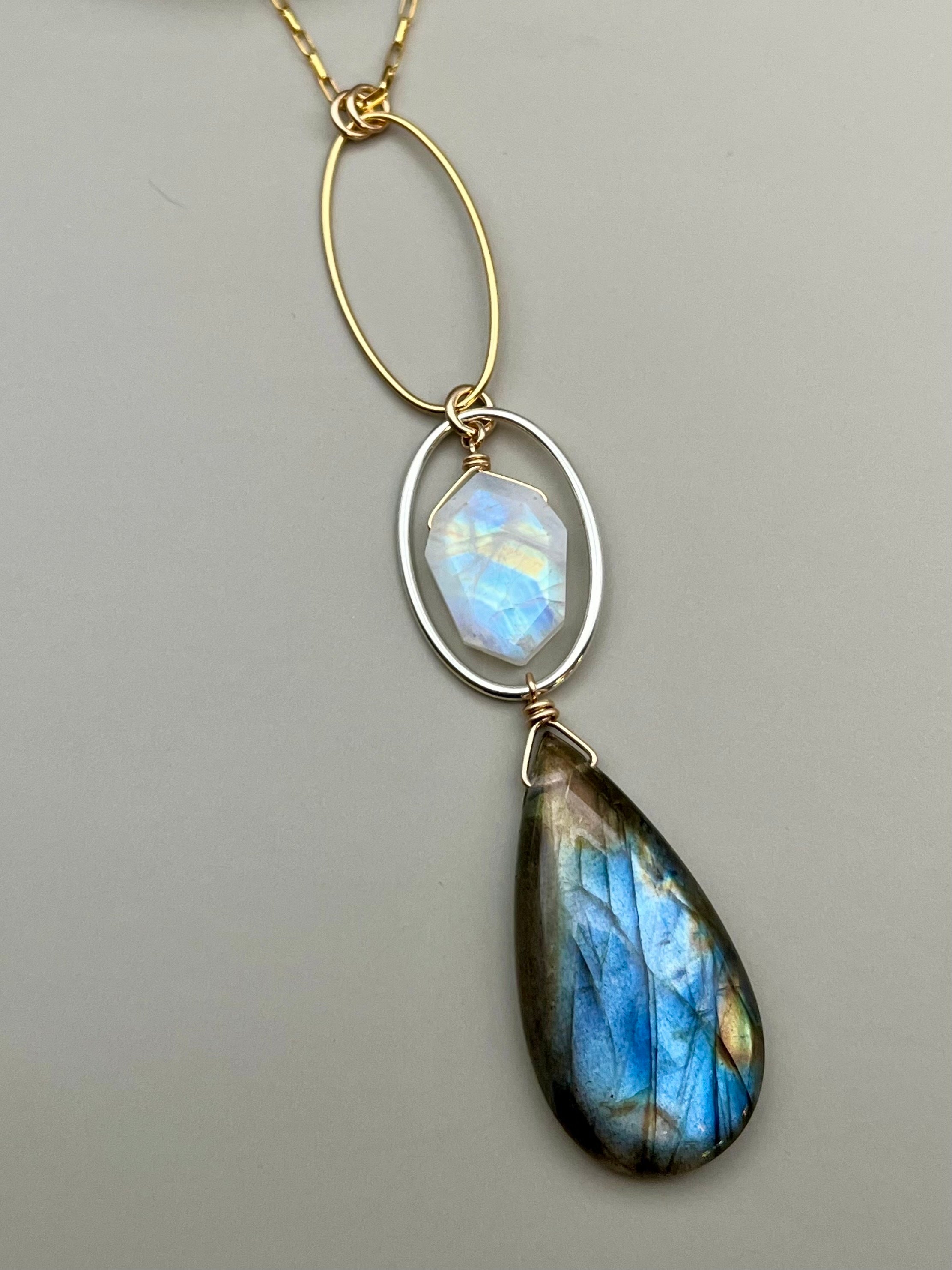 •NYX• rainbow moonstone + labradorite mixed metal necklace (26"-28" long)