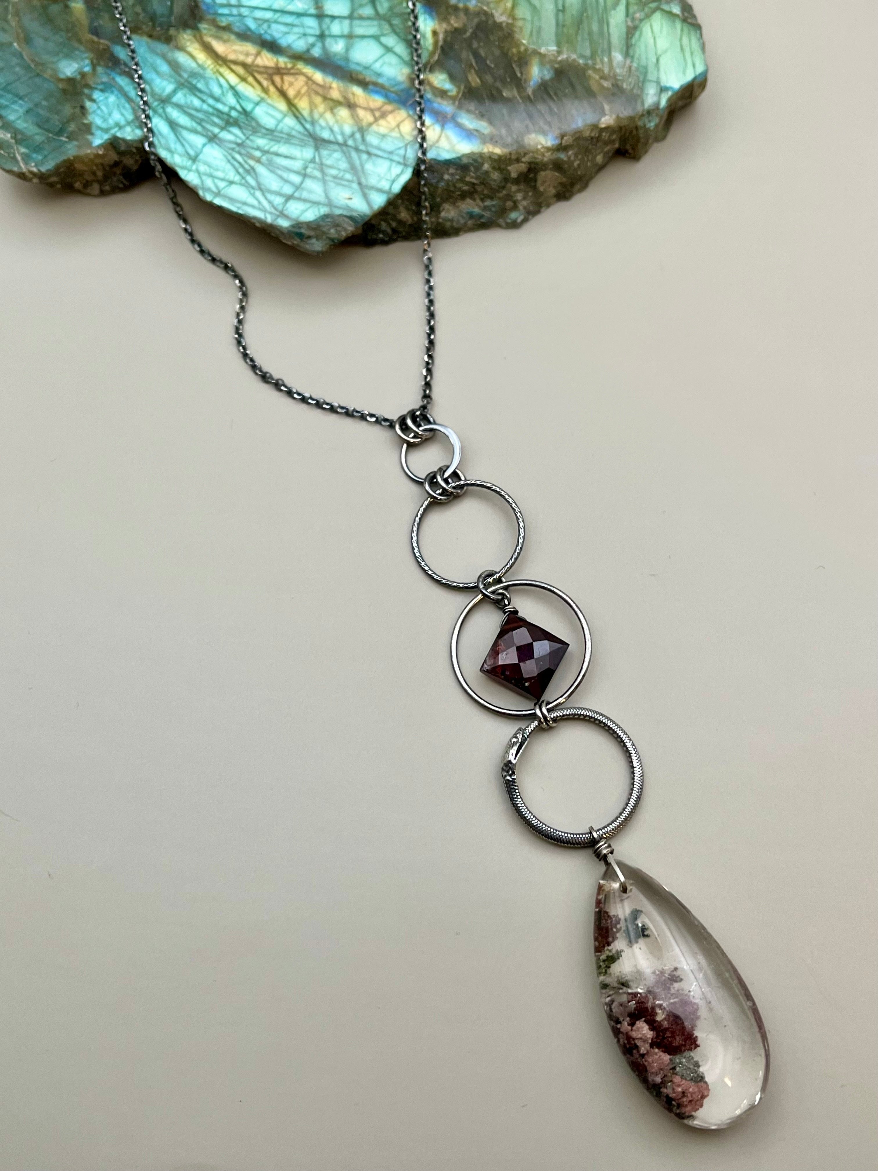 •NĀGA• garnet + lodolite silver necklace (26"-28" long)
