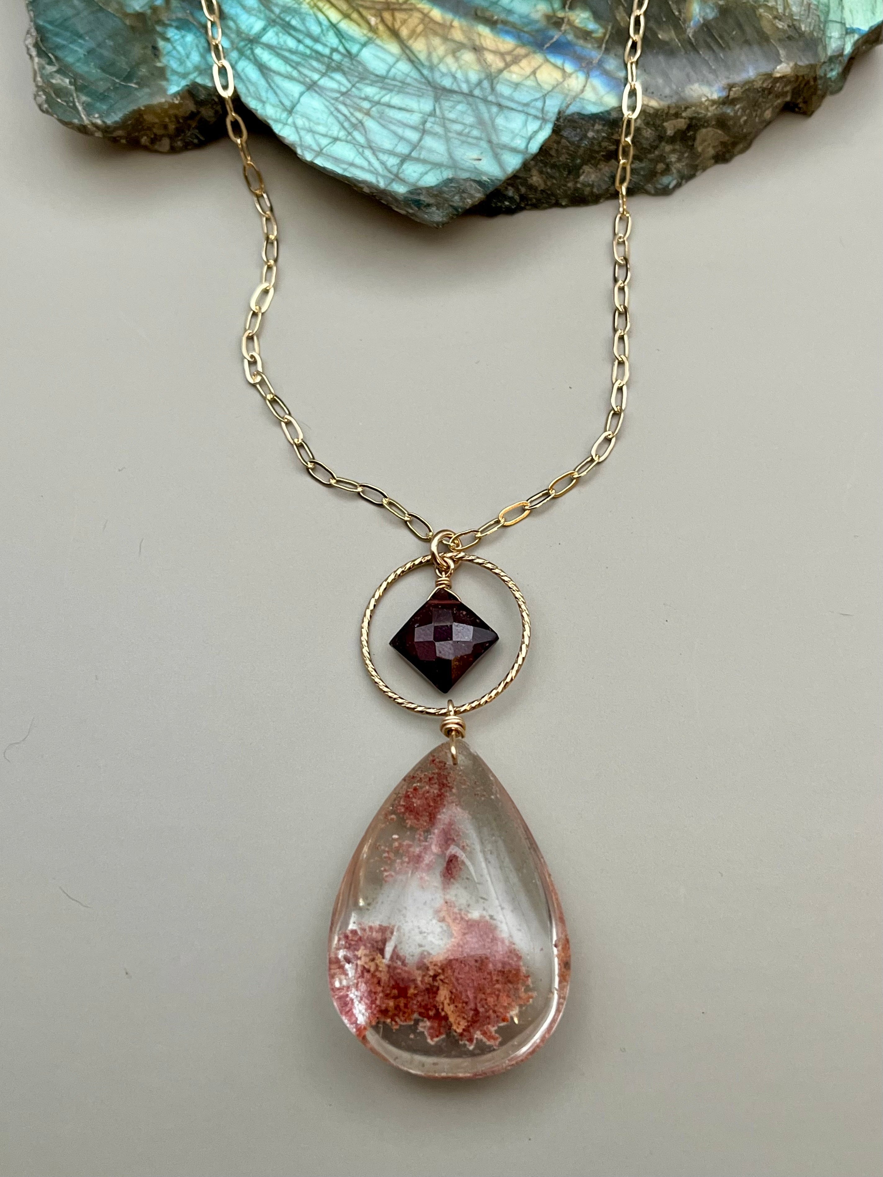 •LUNA• garnet + lodolite gold necklace (18"-20" long)