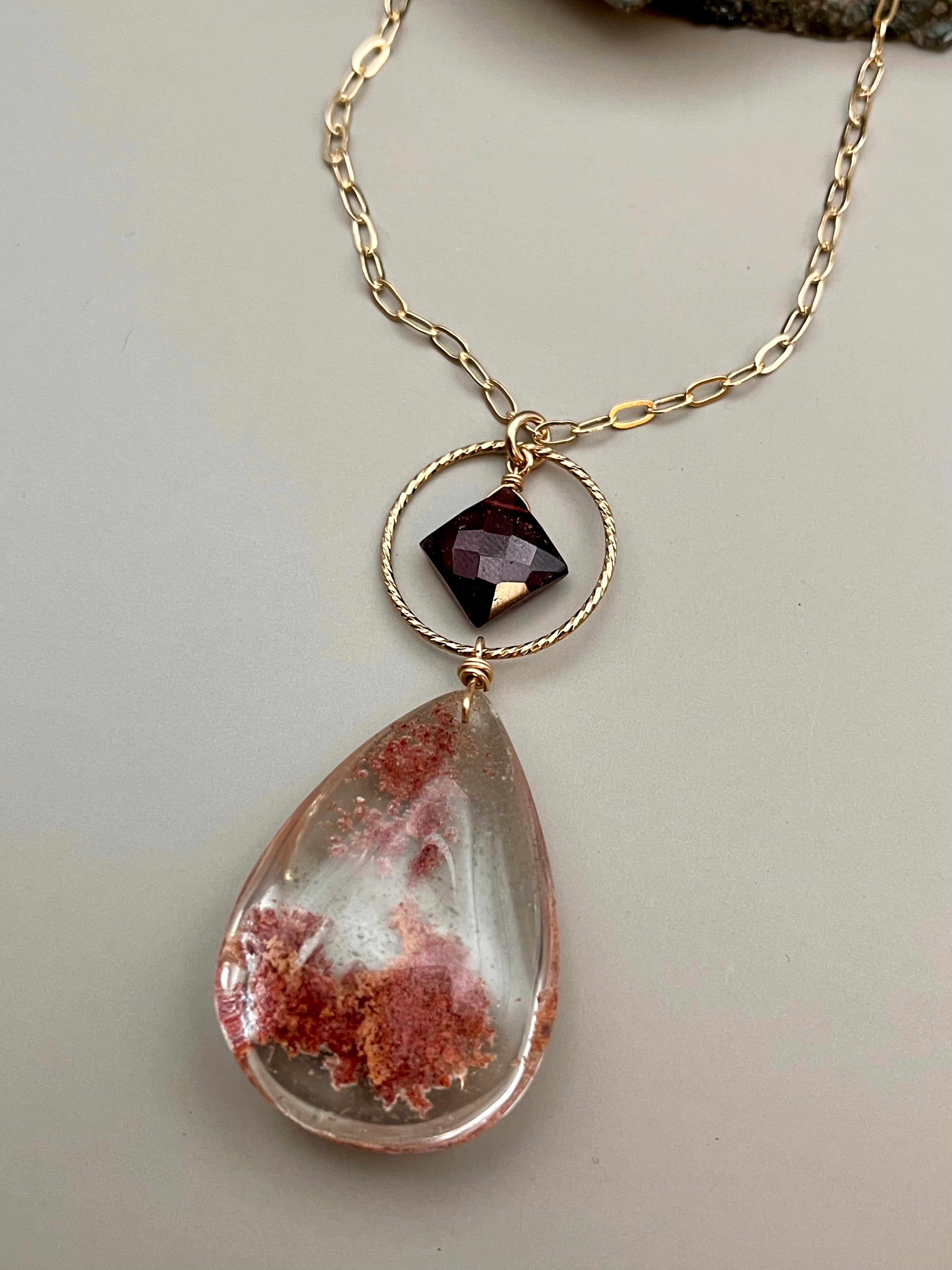 •LUNA• garnet + lodolite gold necklace (18"-20" long)