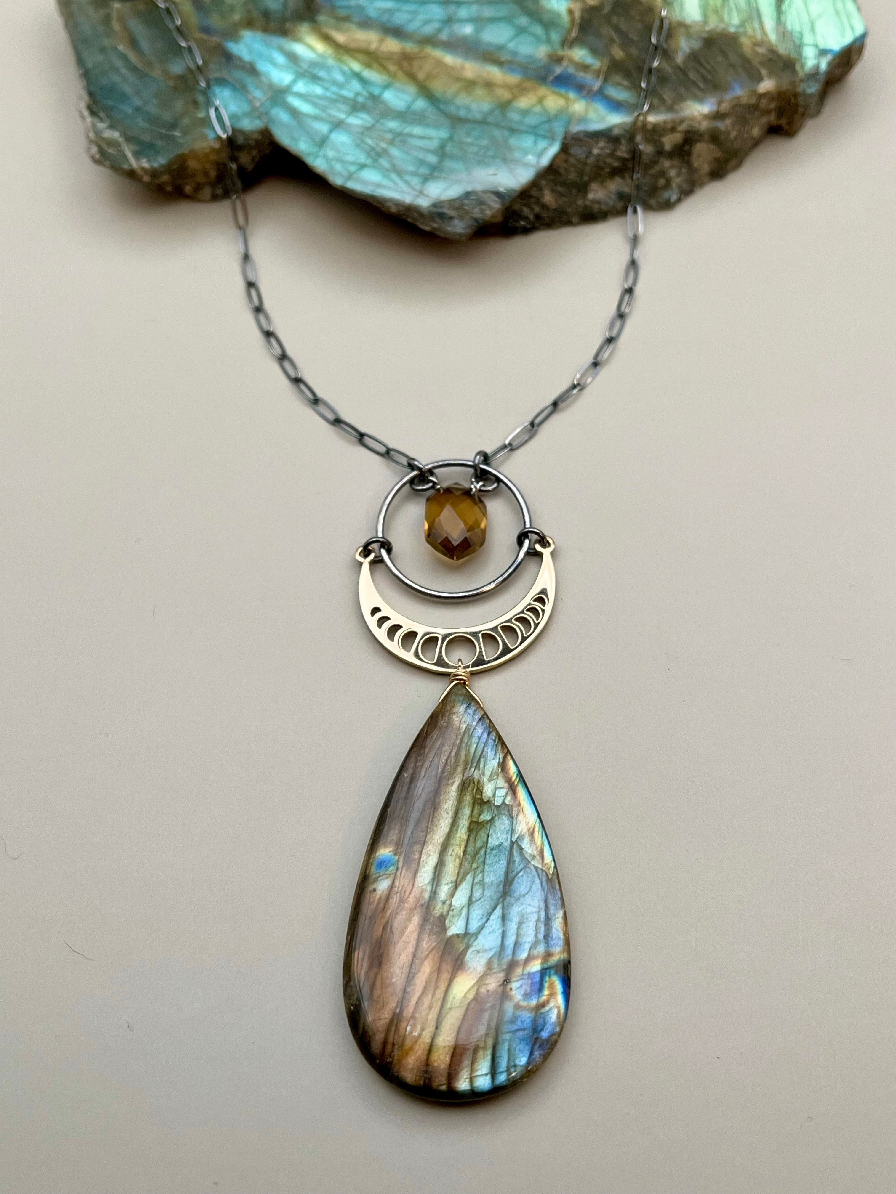 •NYX• honey quartz + labradorite mixed metal necklace (16"-18" long)