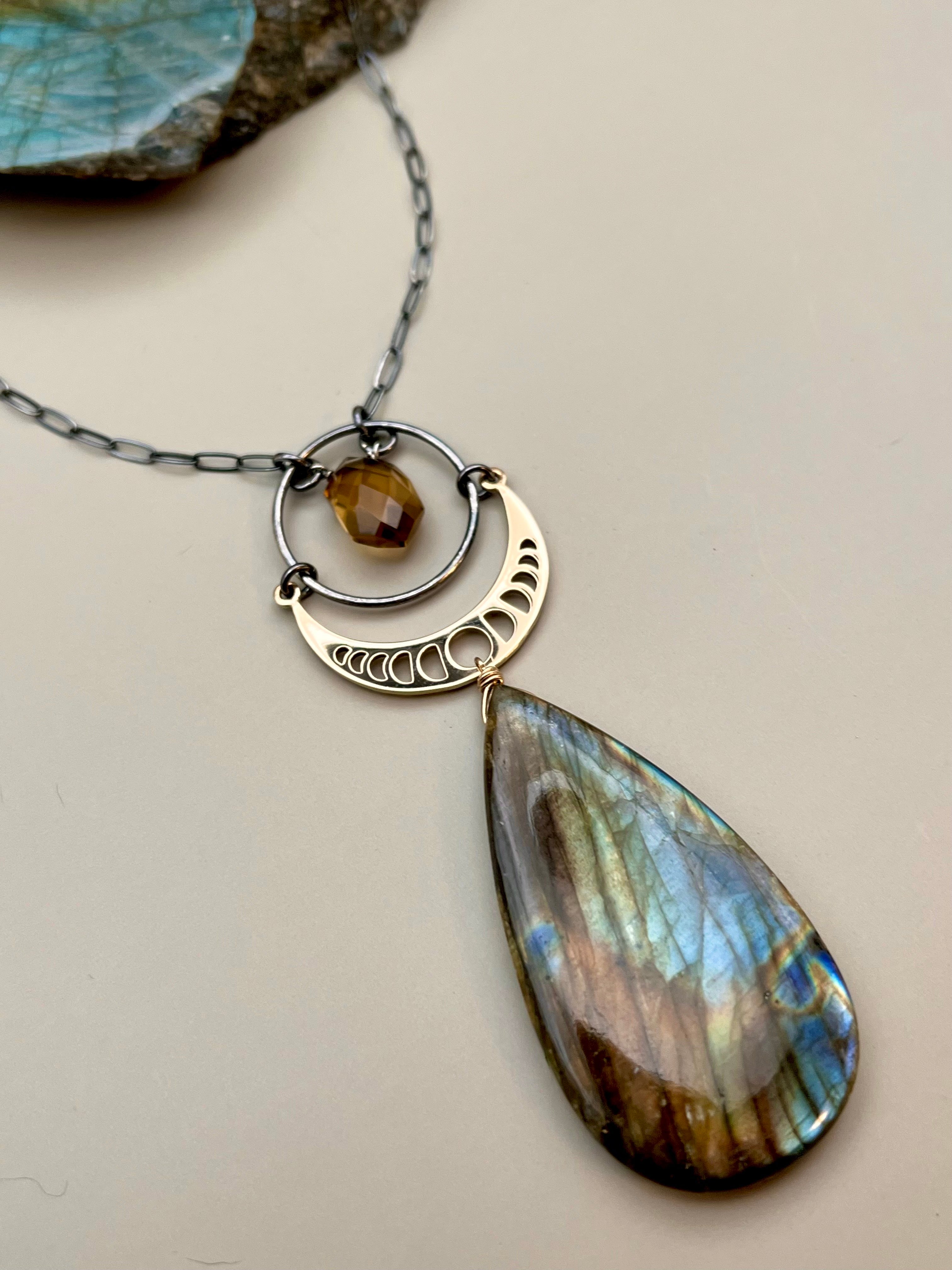 •NYX• honey quartz + labradorite mixed metal necklace (16"-18" long)