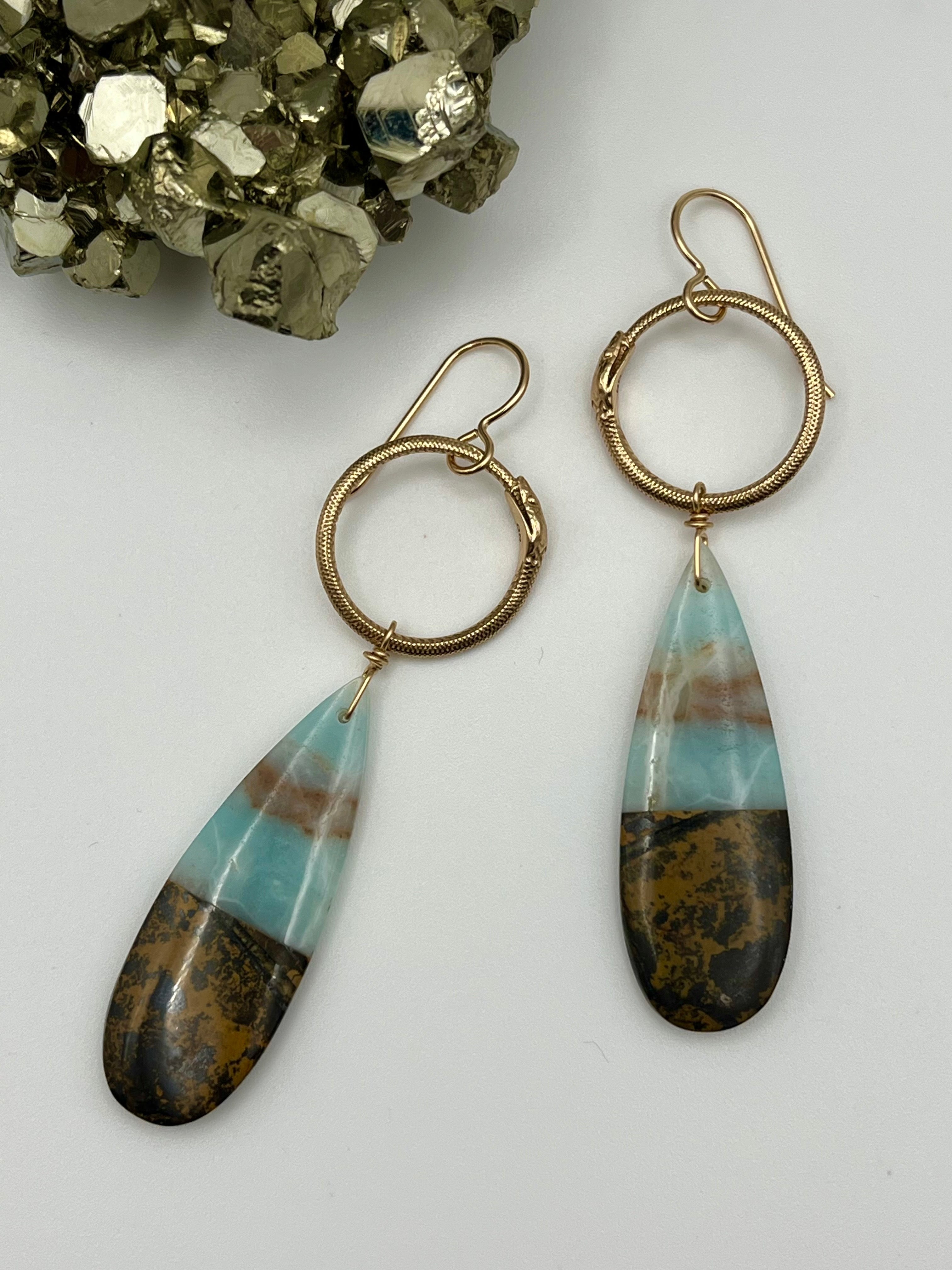 •SAGE SNAKES• intarsia + mixed metal dangle earrings