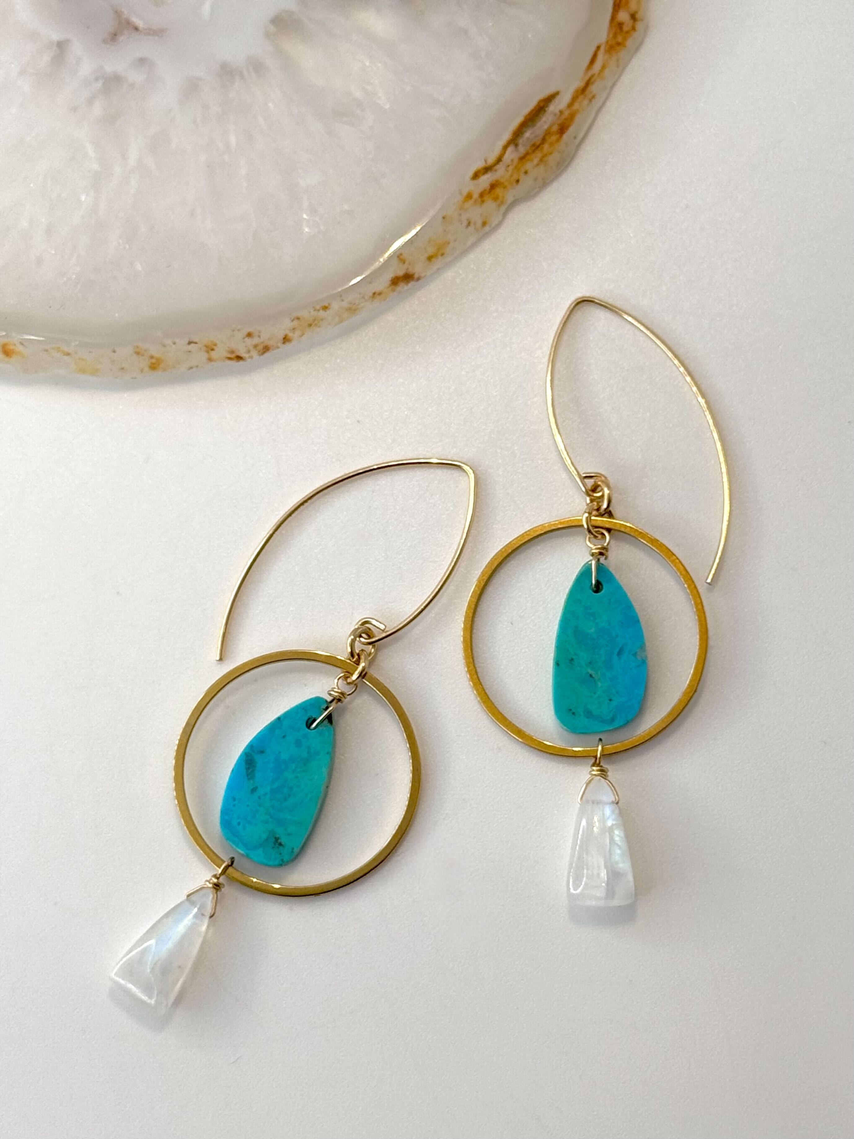 •LUNA• nevada turquoise + rainbow moonstone gold dangle earrings