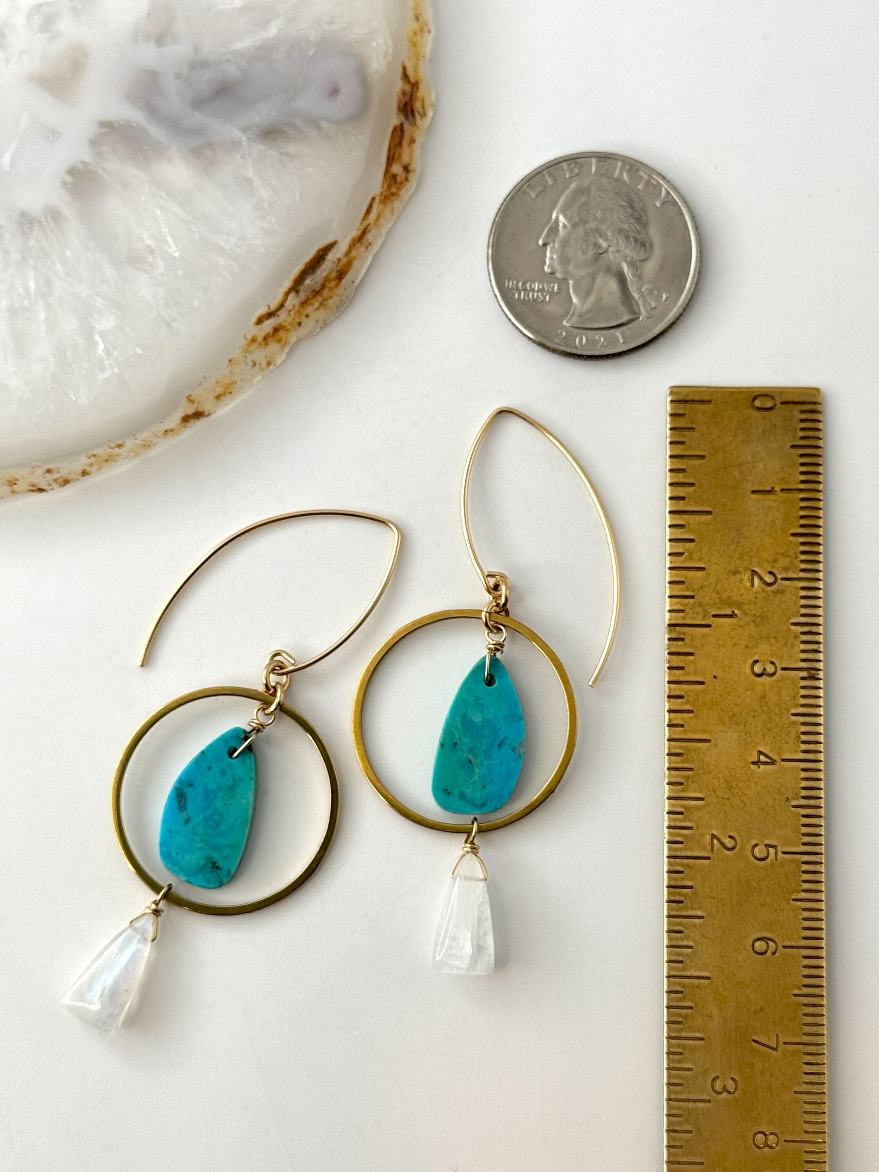 •LUNA• nevada turquoise + rainbow moonstone gold dangle earrings