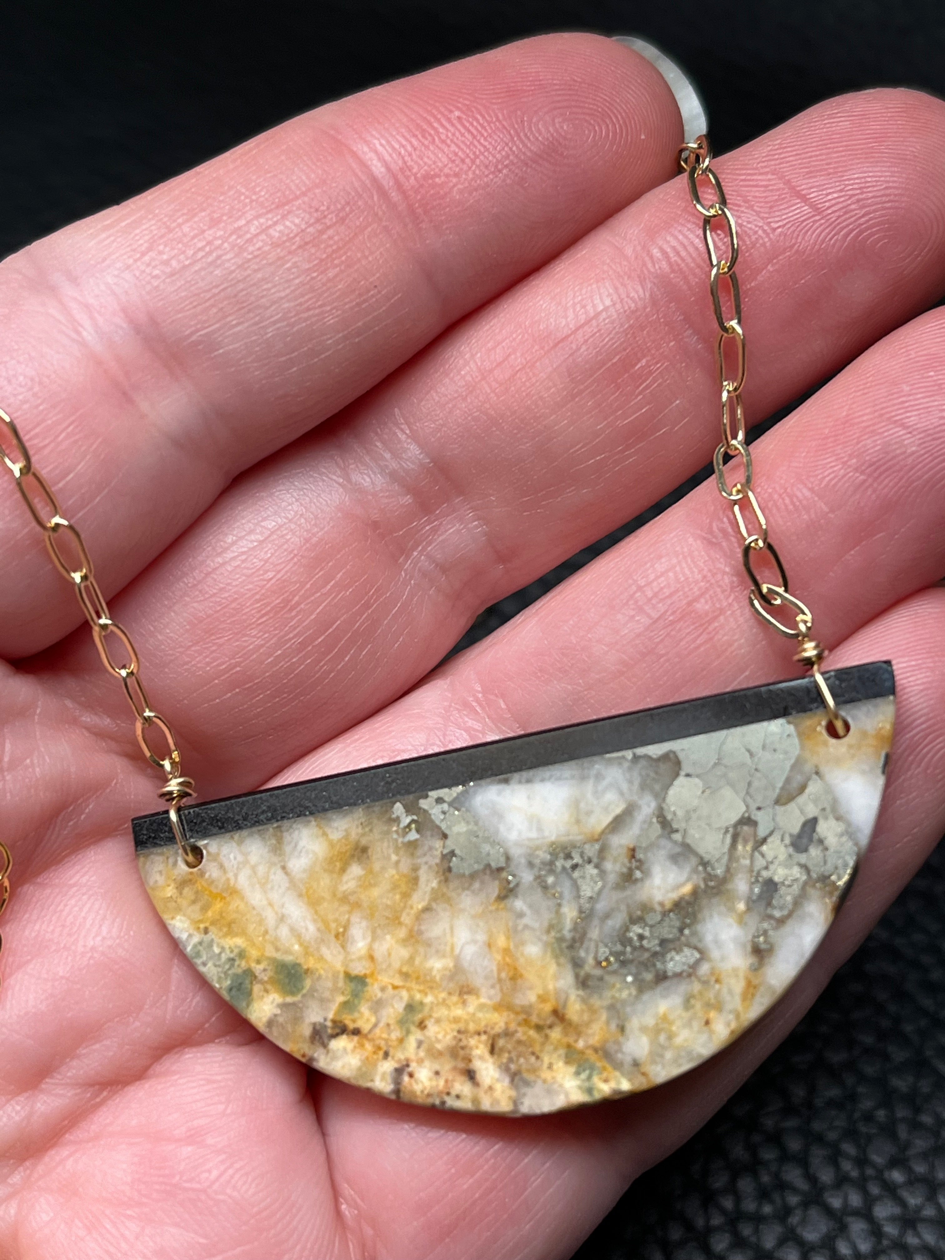 •AEON• onyx + pyritized calcite intarsia + gold necklace (16"-18")