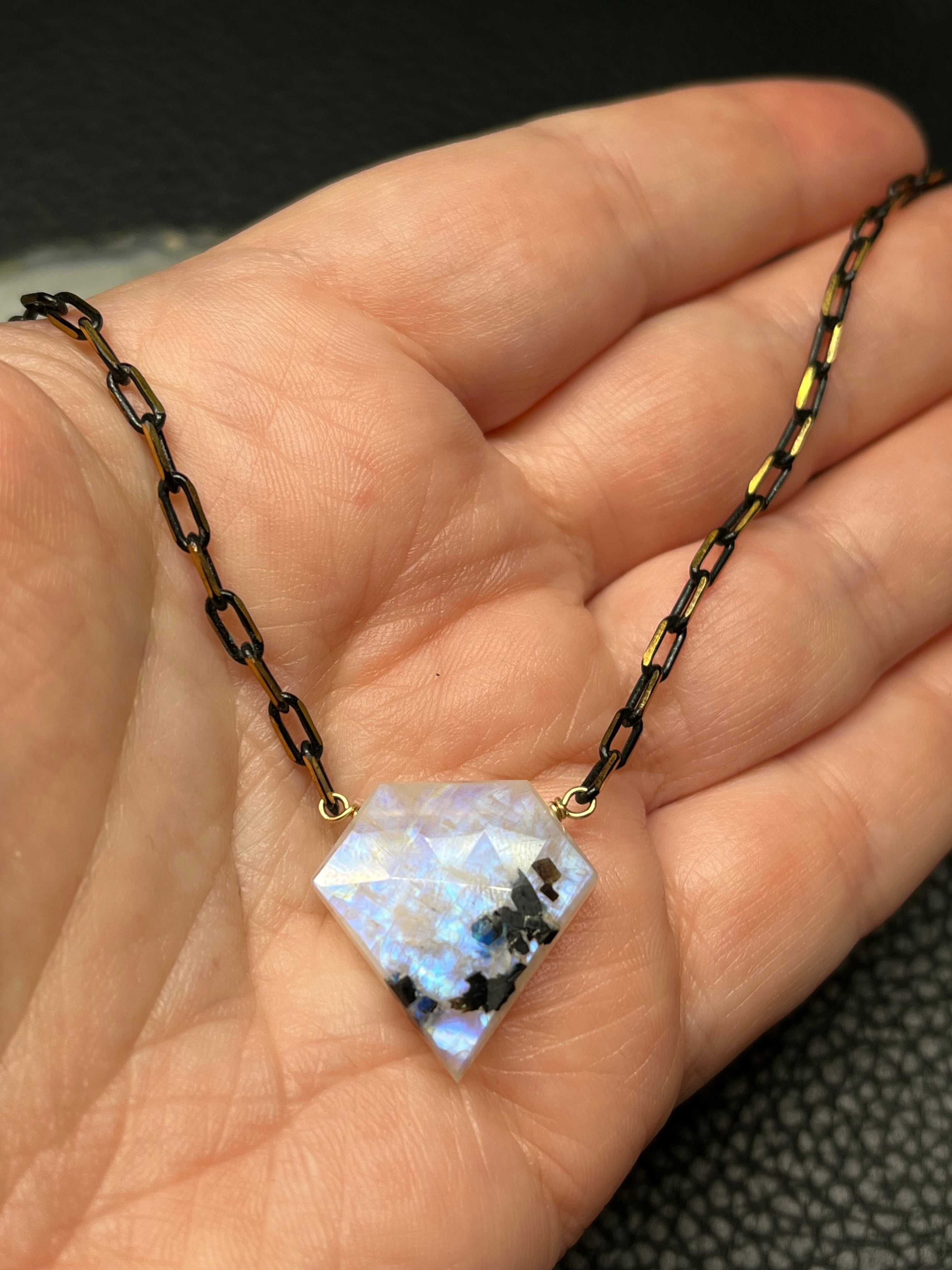 •AEON• tourmalinated rainbow moonstone + brass necklace