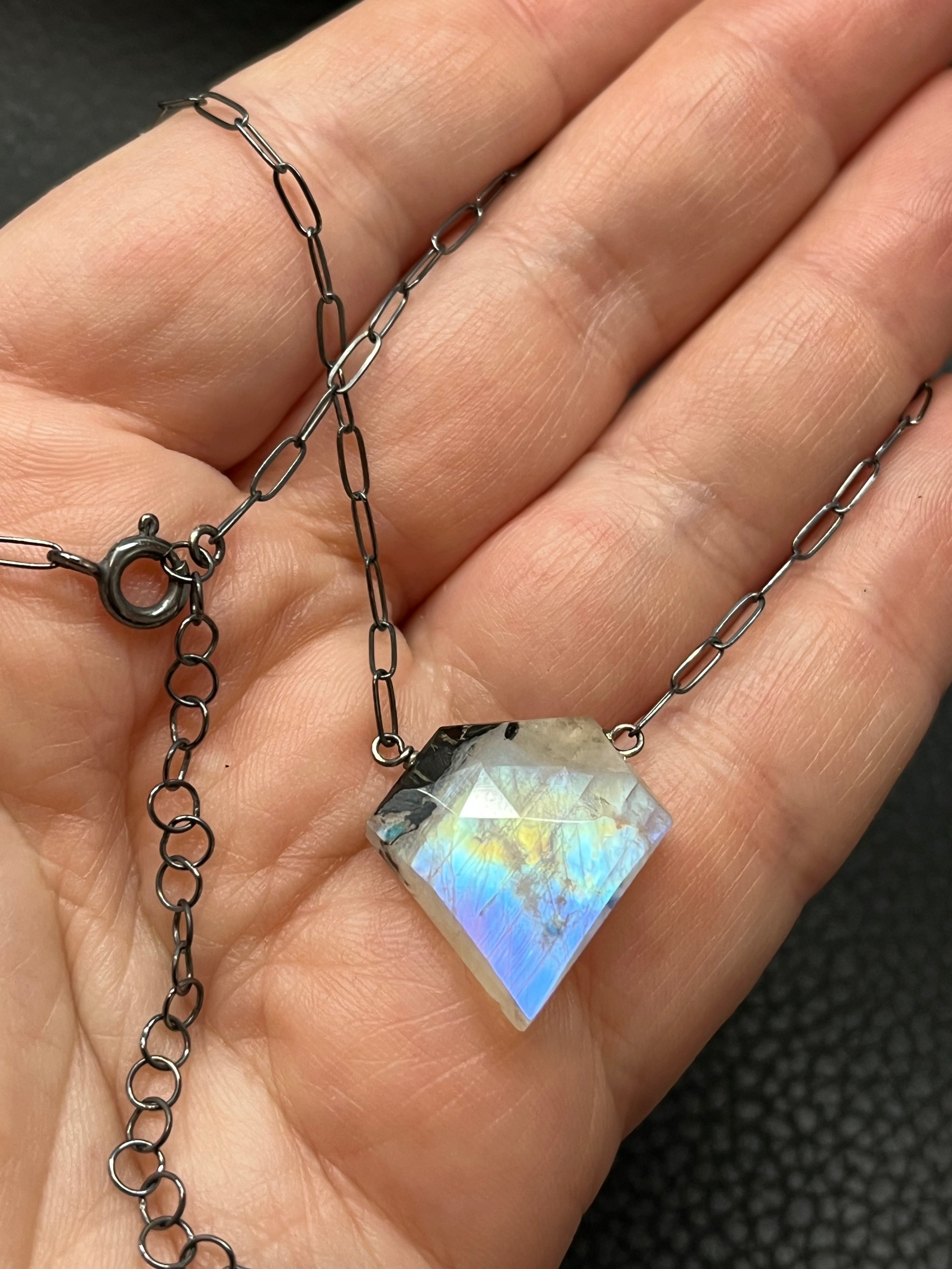 •AEON• tourmalinated rainbow moonstone + oxidized silver necklace