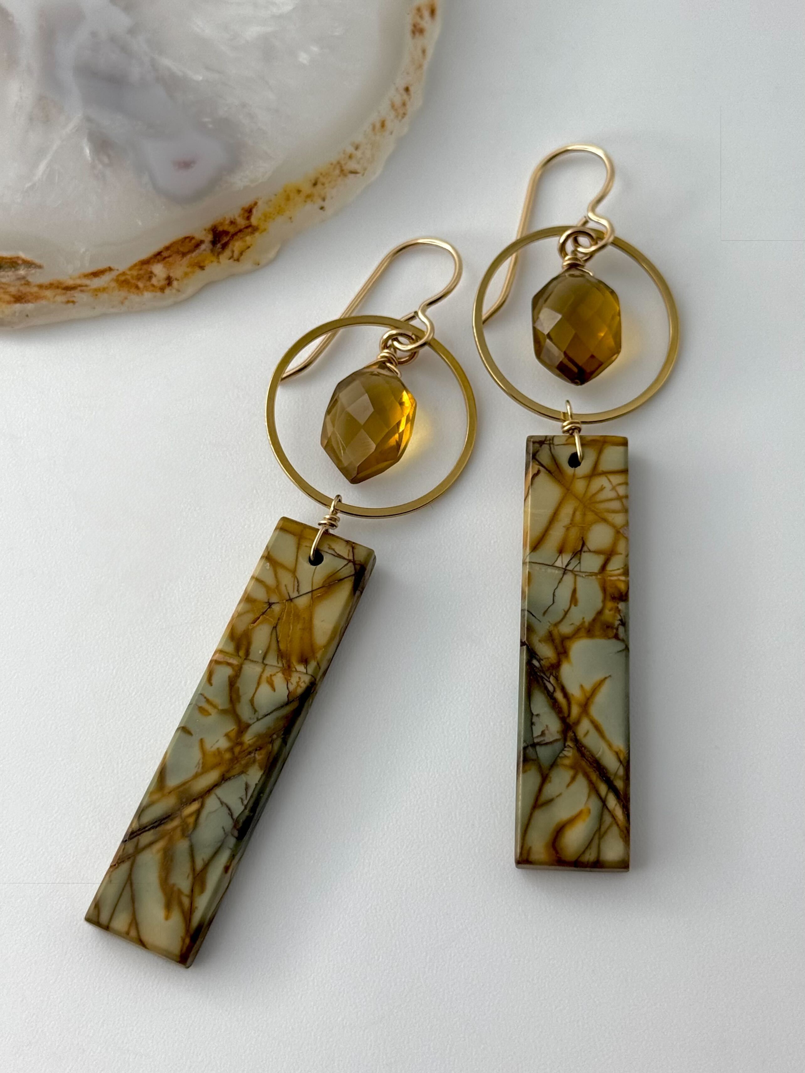 •LUNA• red creek jasper + honey quartz gold dangle earrings