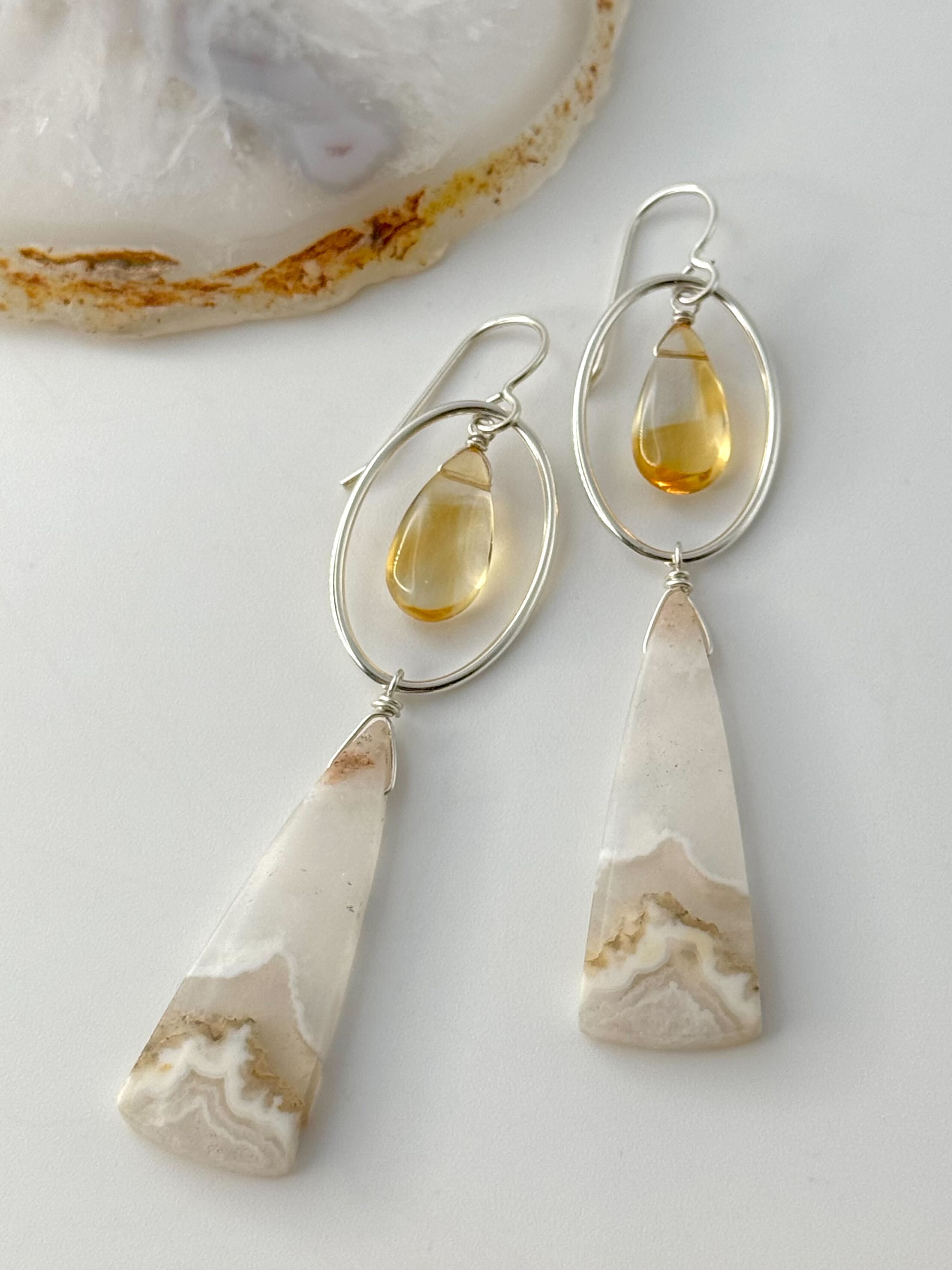 •LUNA• ghost agate + citrine silver dangle earrings