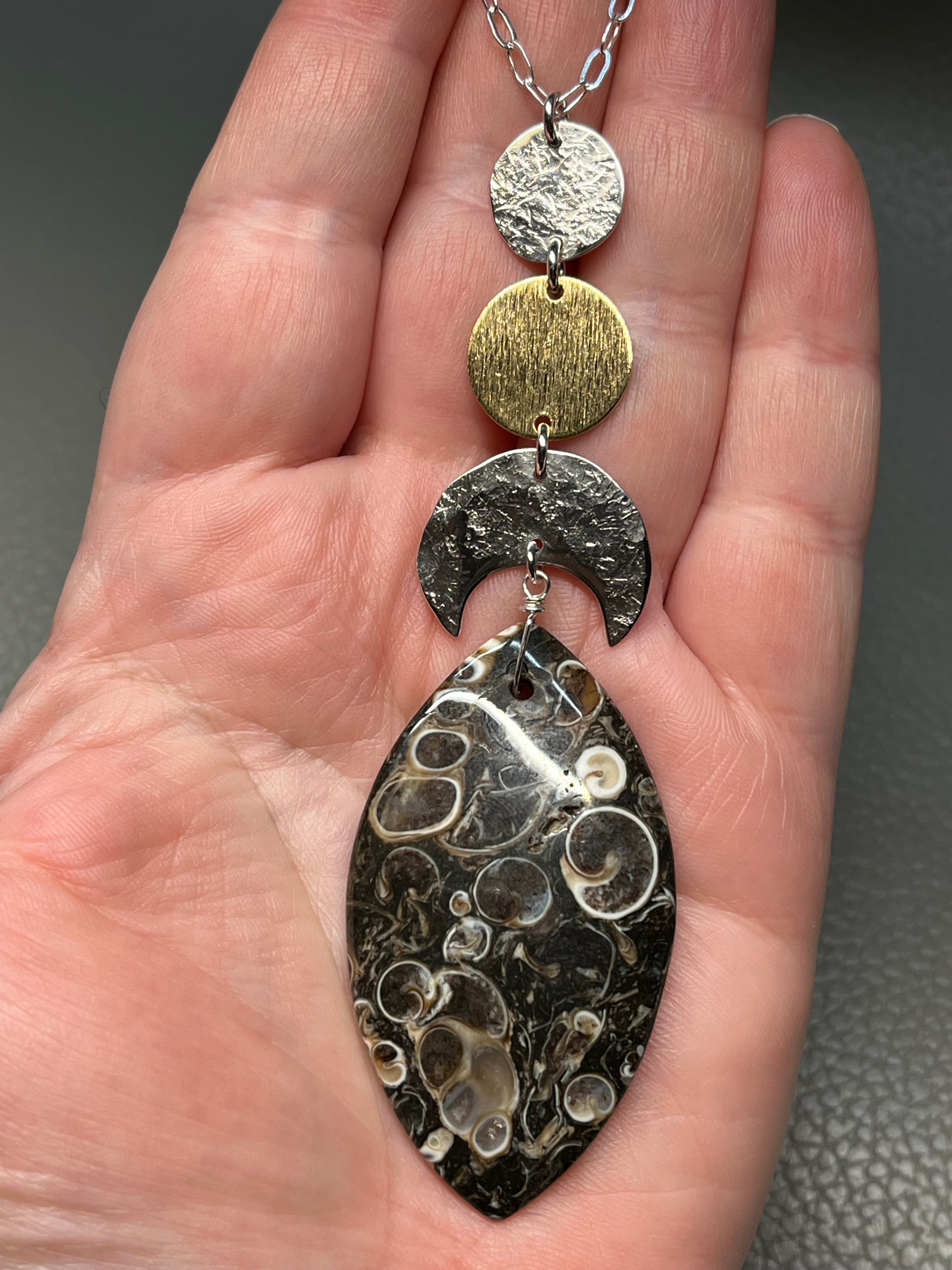 •NYX• turritella fossil + moon stack + mixed metal necklace (28"-30")