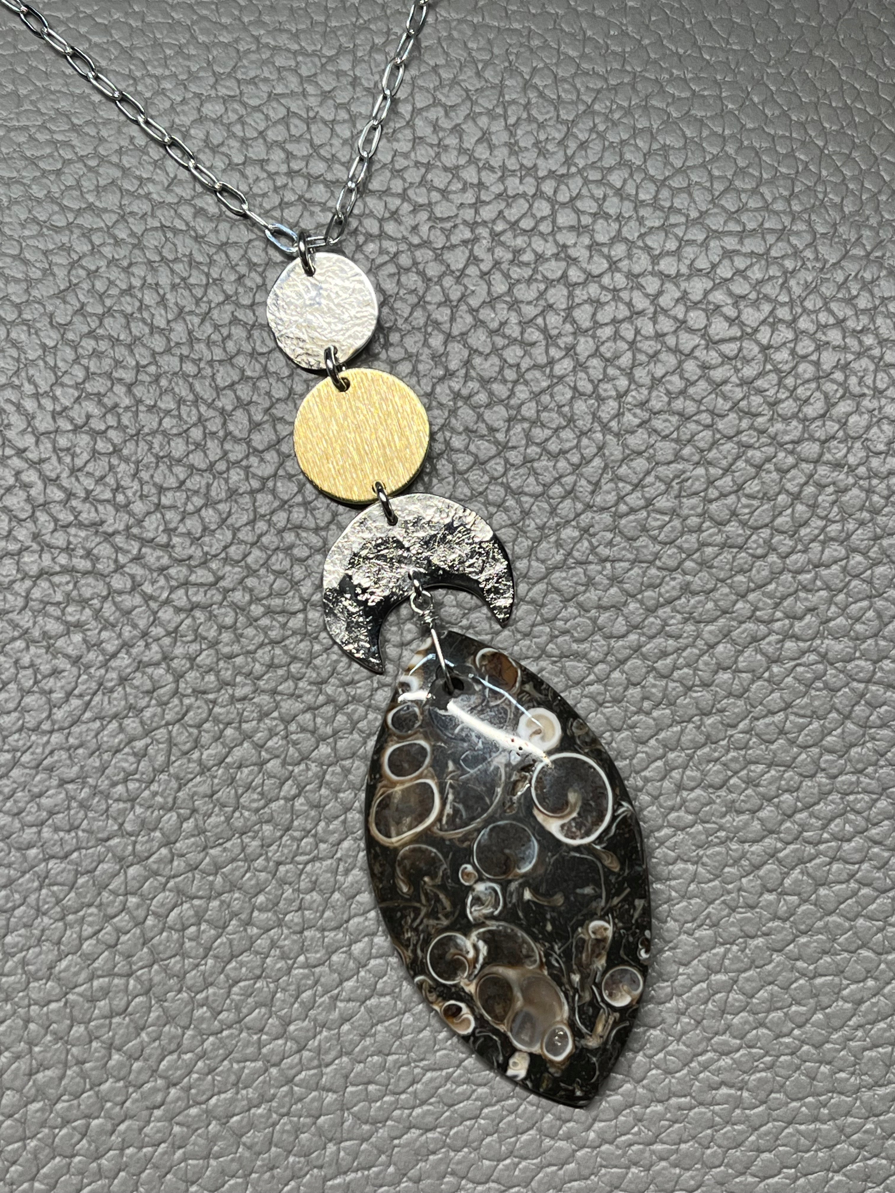 •NYX• turritella fossil + moon stack + mixed metal necklace (28"-30")