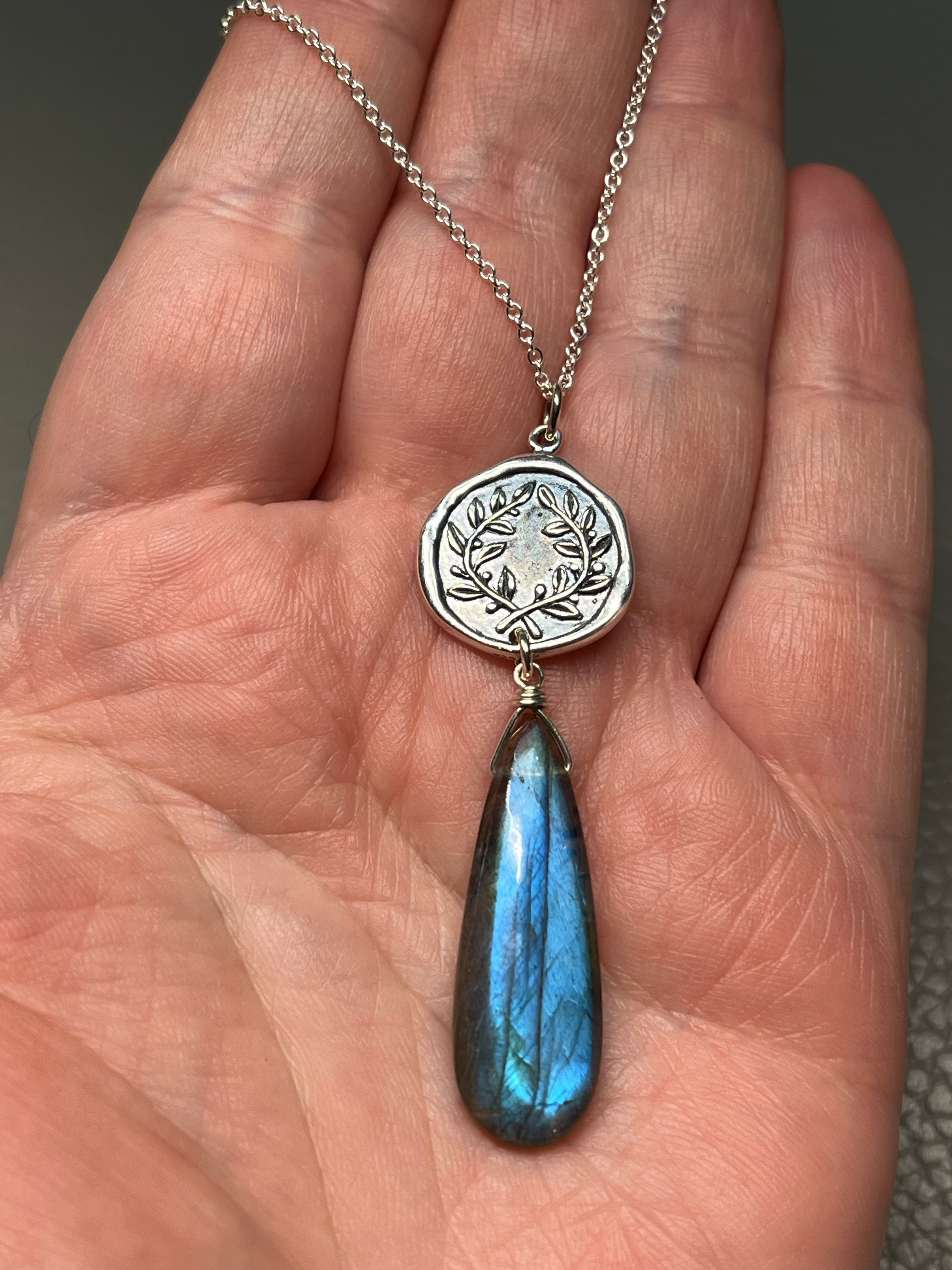 •TEND• labradorite + laurel coin + silver necklace (16"-18")