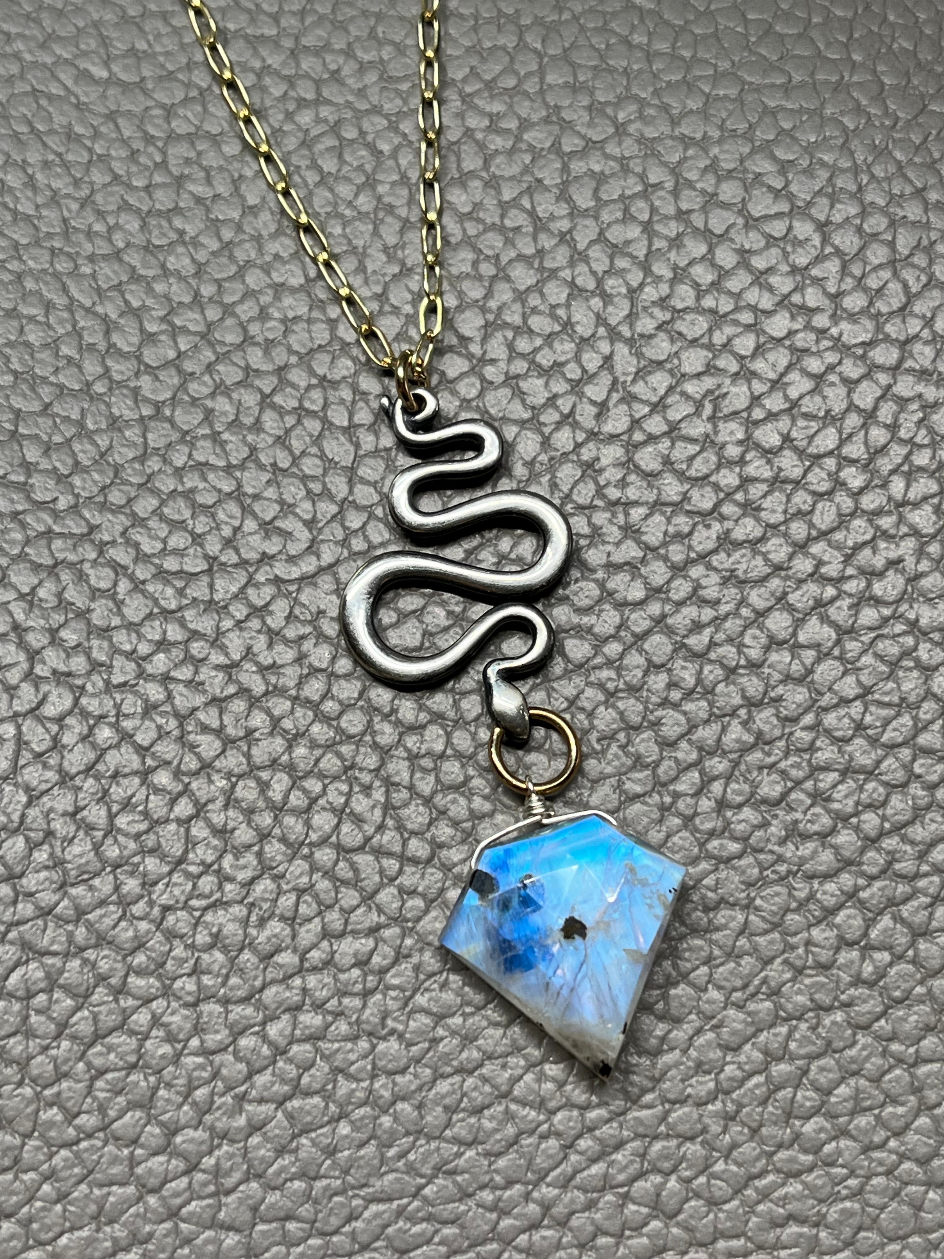 •SUEÑO• tourmalinated rainbow moonstone + snake + mixed metal necklace (28"-30")