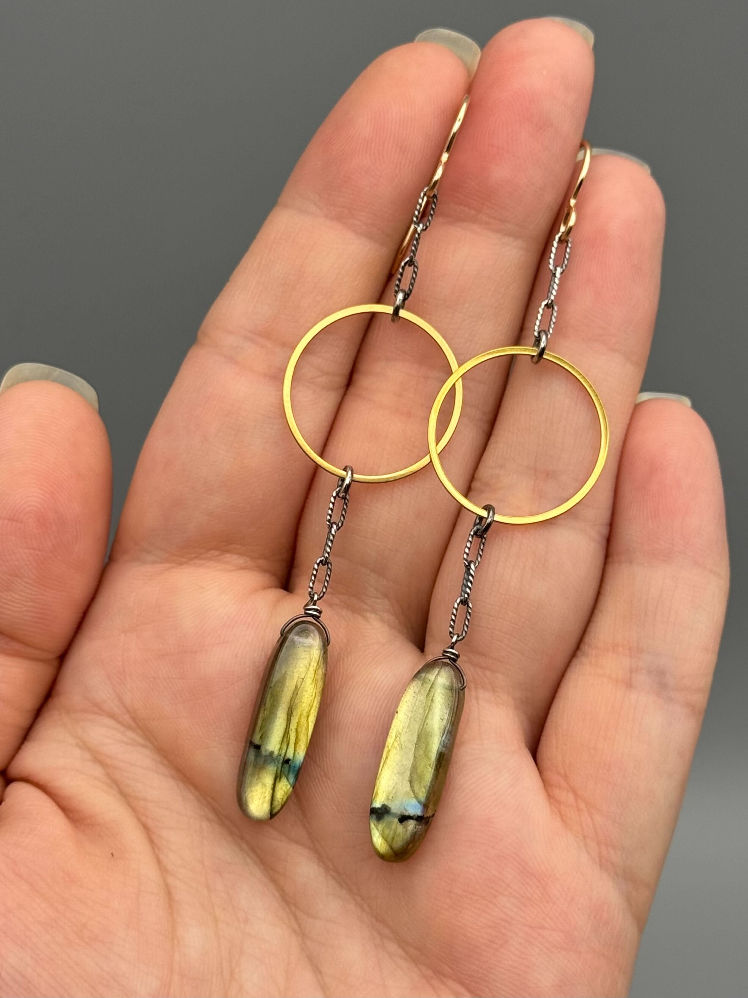 •ESPY• golden labradorite + mixed metal earrings