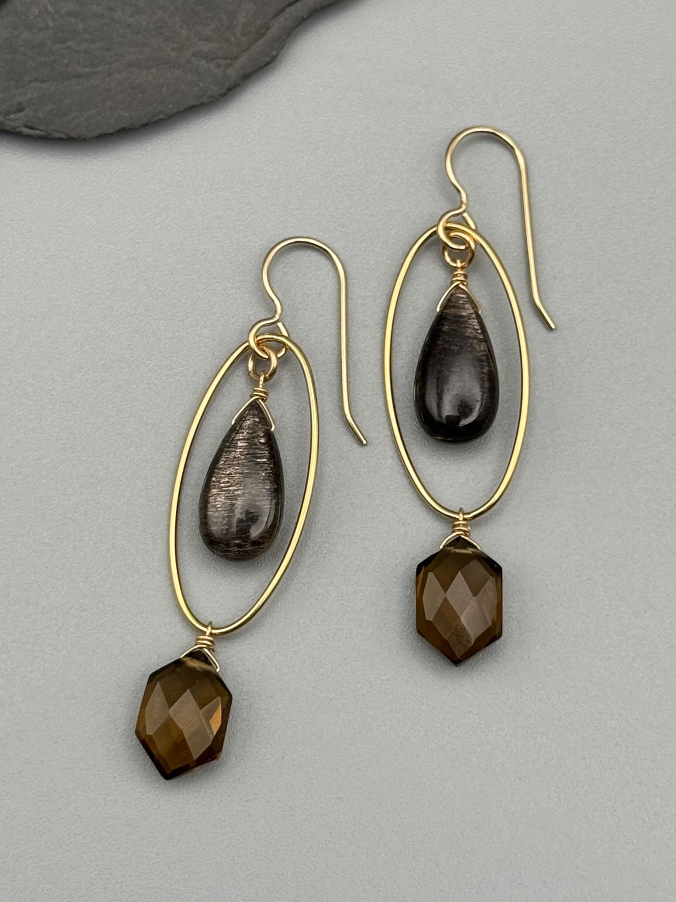 •LUNA• chocolate sunstone + smoky quartz gold earrings