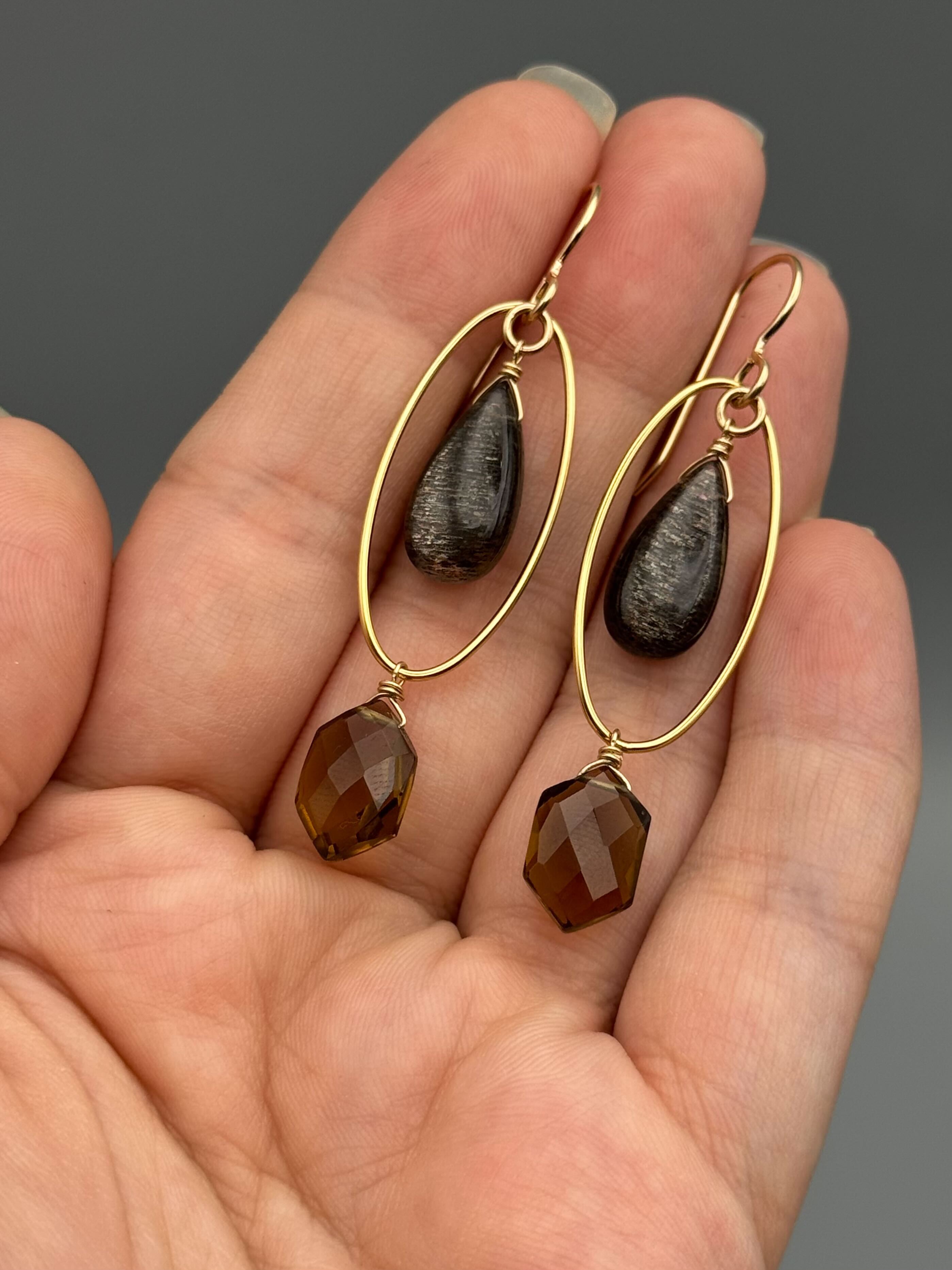 •LUNA• chocolate sunstone + smoky quartz gold earrings