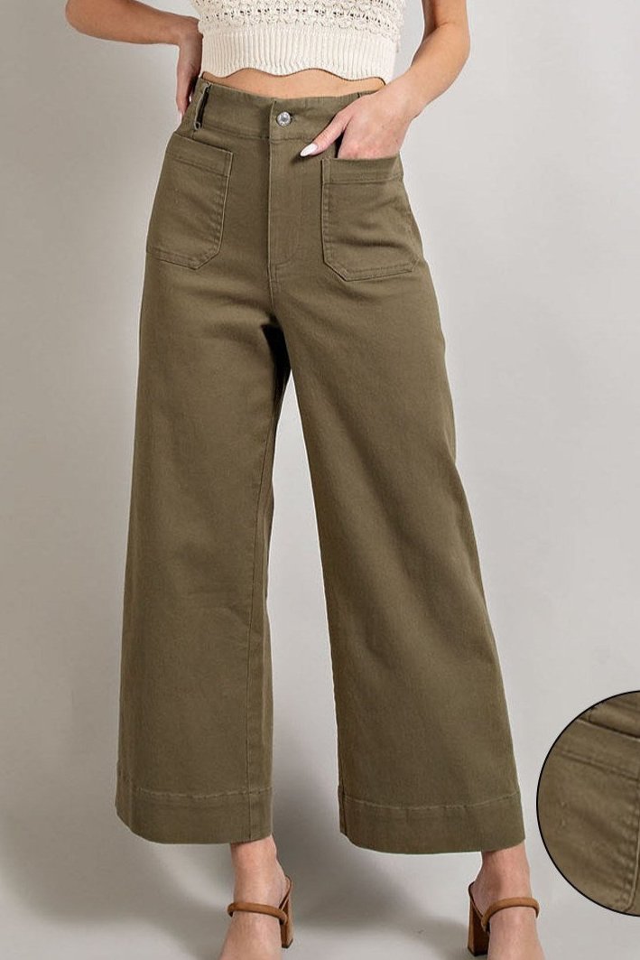 •CROPPED WIDE LEG DENIM PANTS- DARK OLIVE•