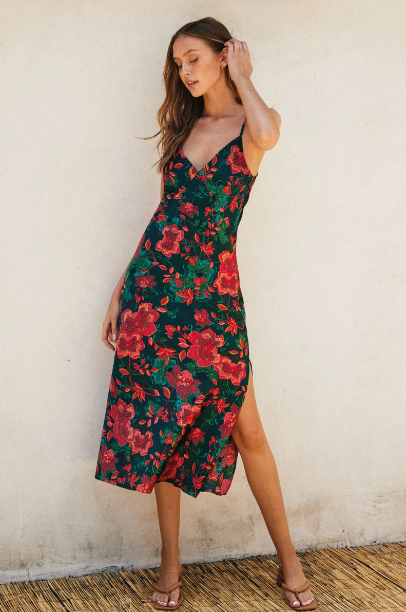 •FLAMENCO FLORAL• sweetheart neck midi dress