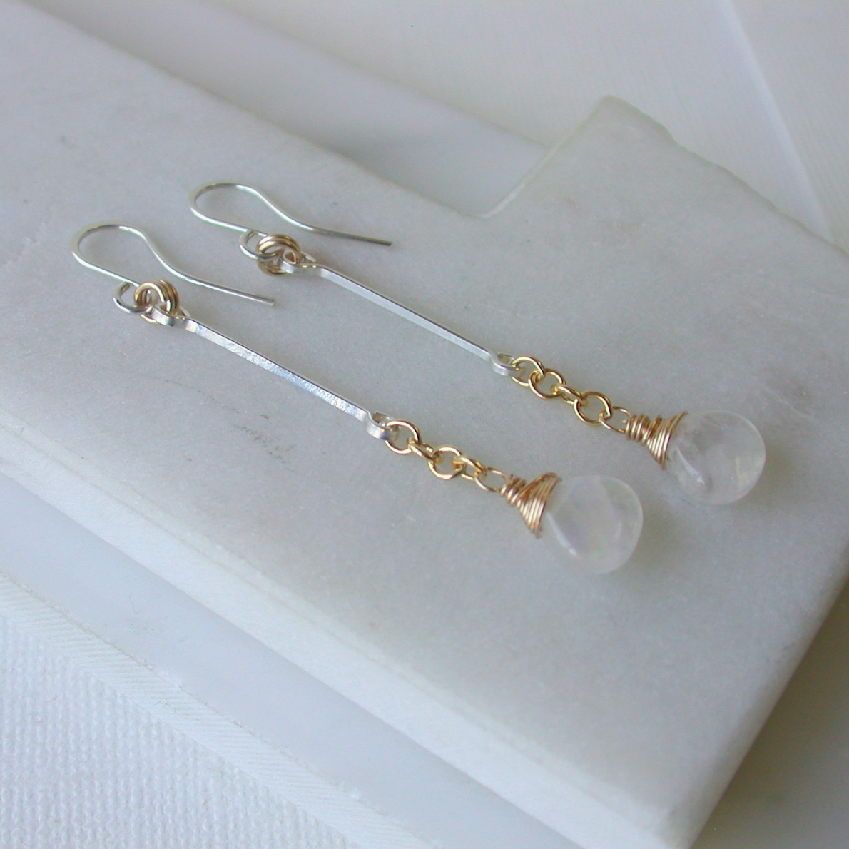 •LINEAR DROP• rainbow moonstone + mixed metal dangle earrings