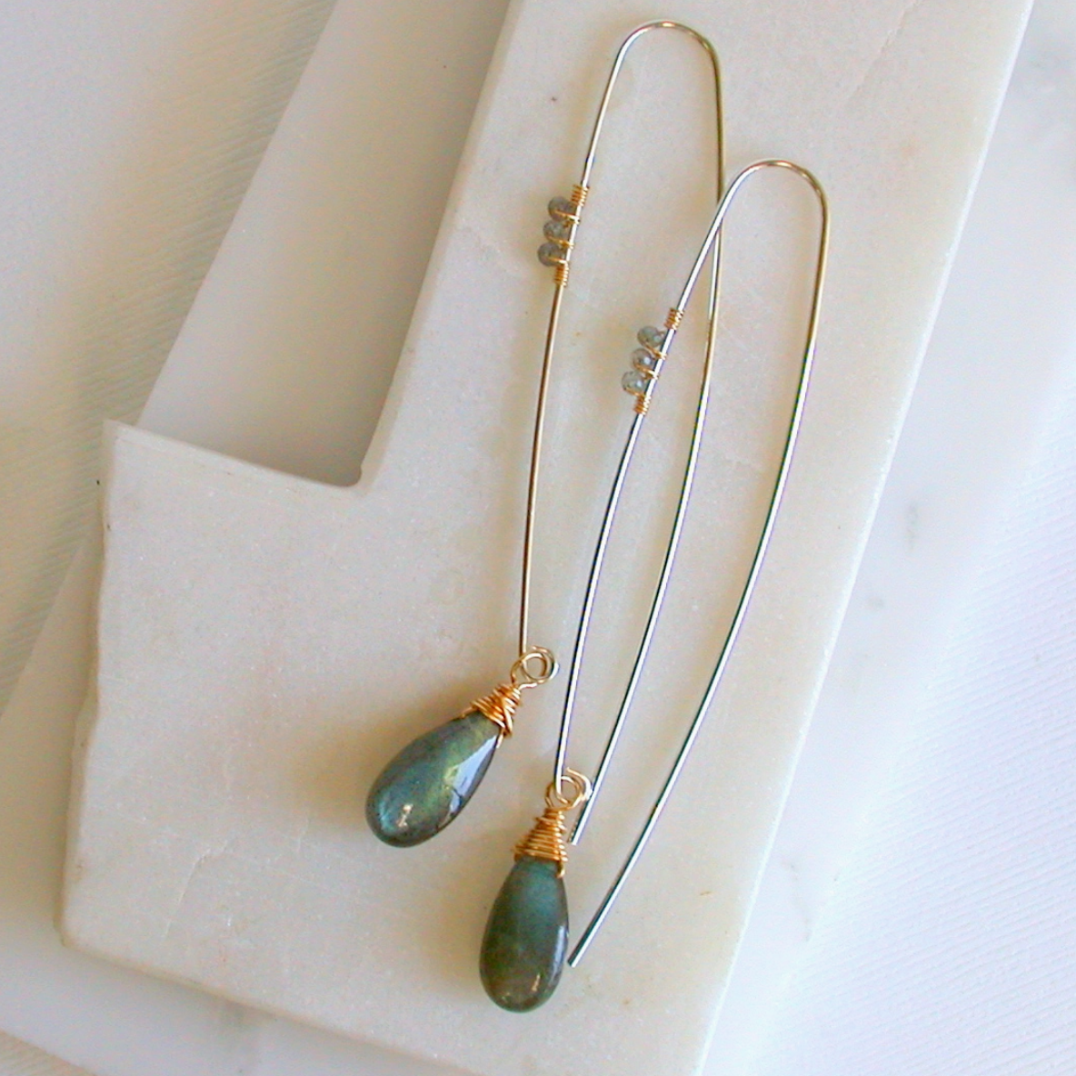 •SLENDER STORM THREADER• labradorite + mixed metal dangle earrings