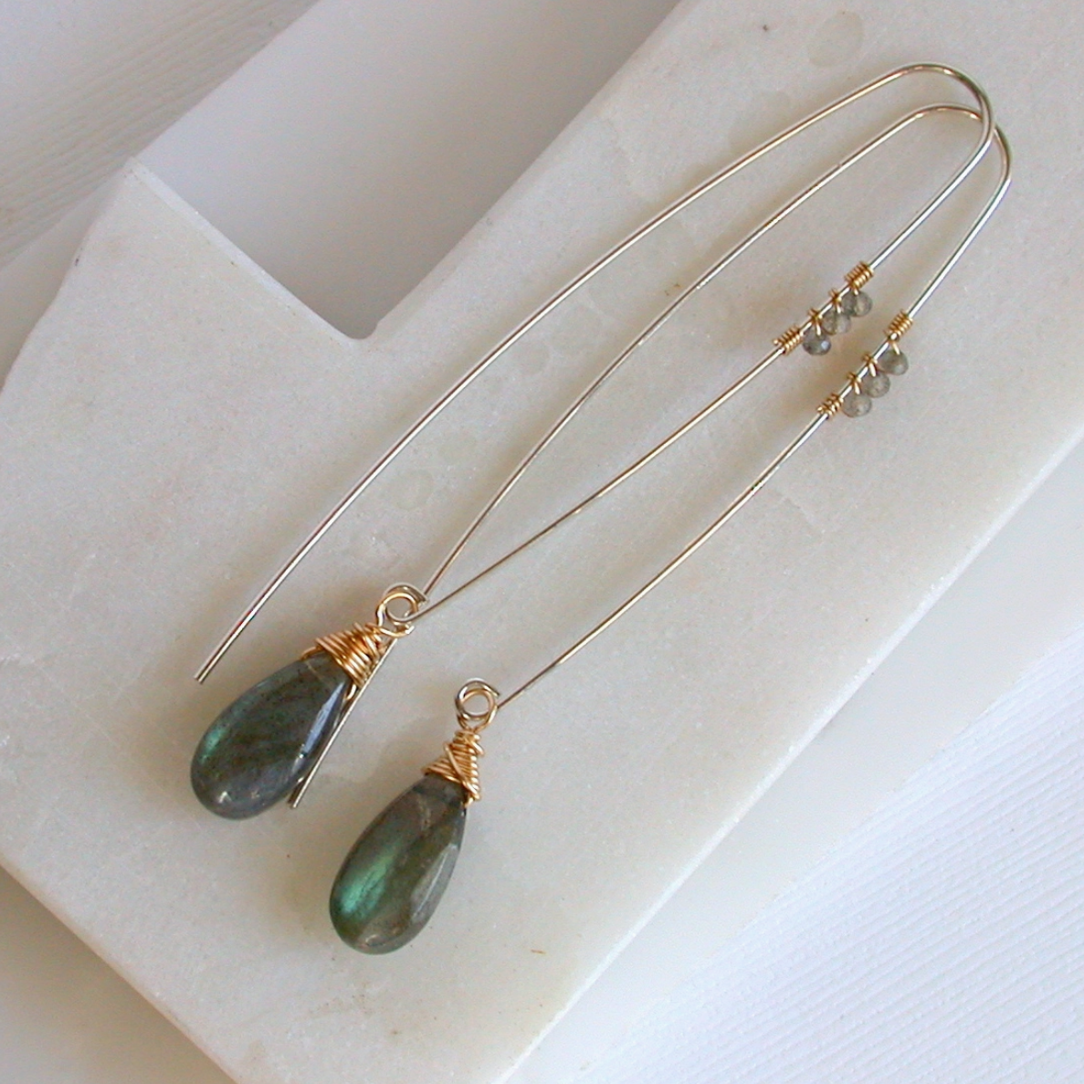 •SLENDER STORM THREADER• labradorite + mixed metal dangle earrings