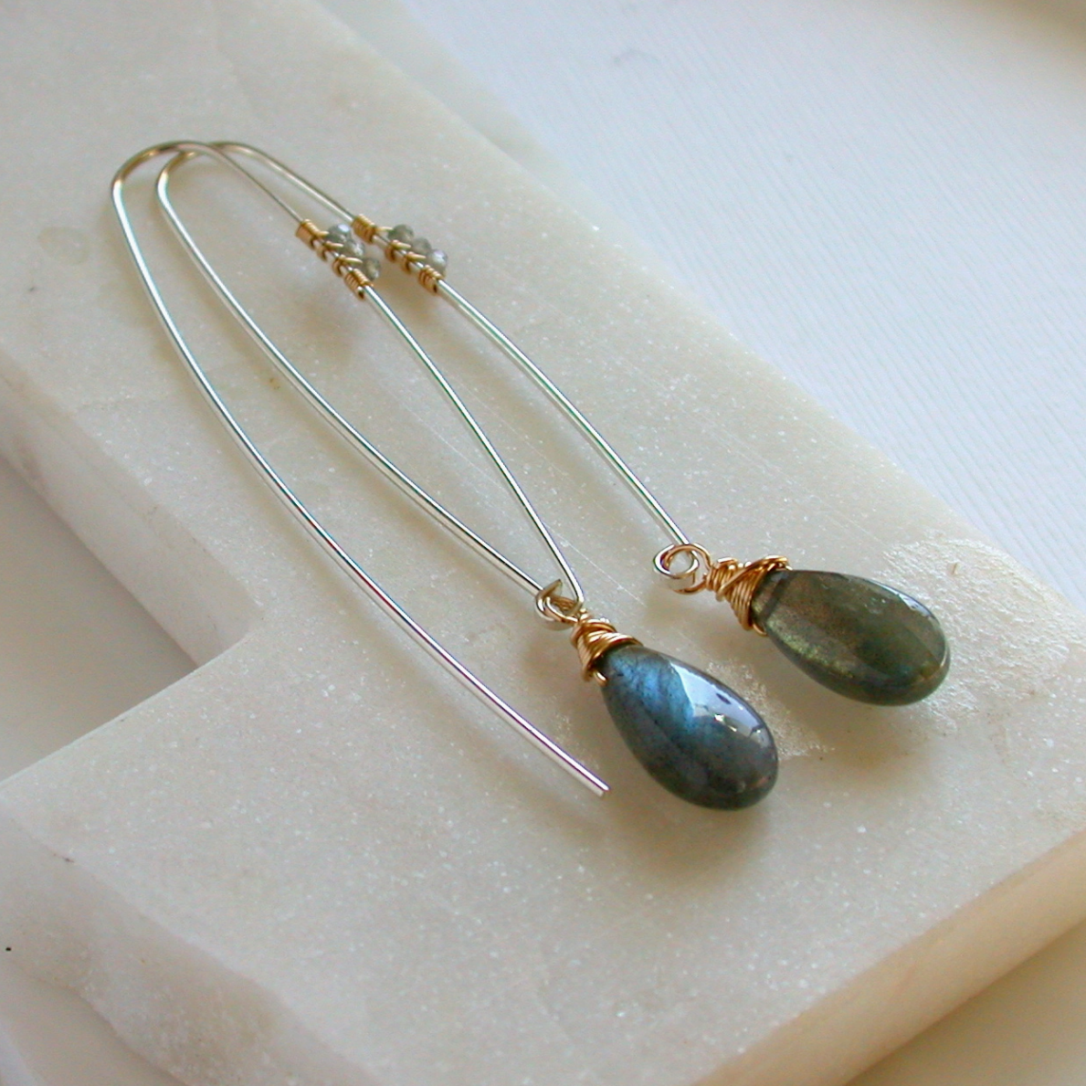 •SLENDER STORM THREADER• labradorite + mixed metal dangle earrings