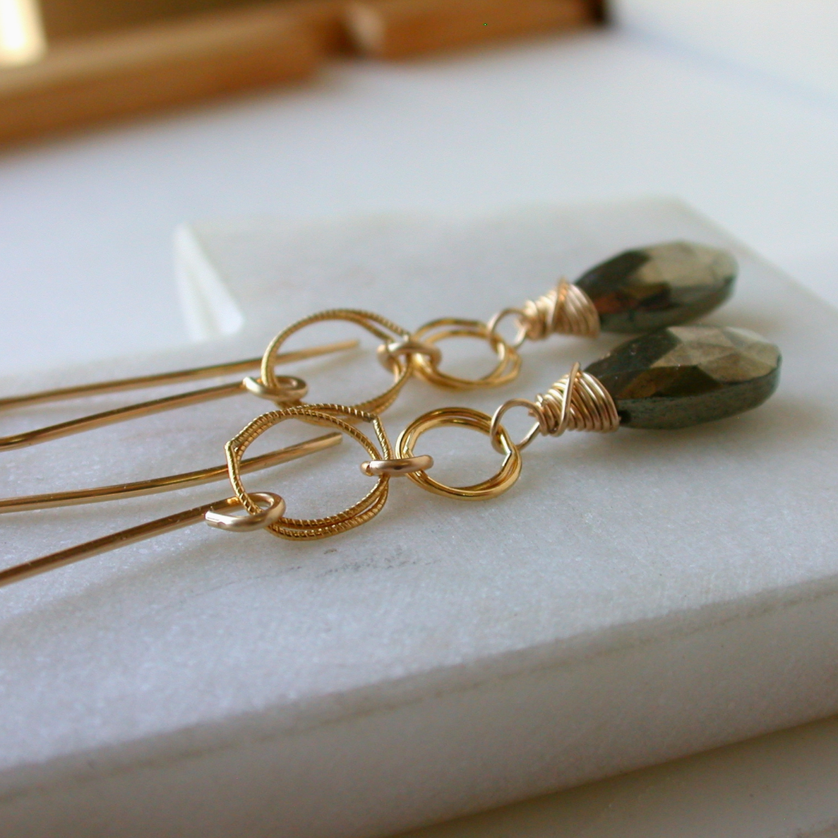 •LINKED DROP• pyrite + gold dangle earrings