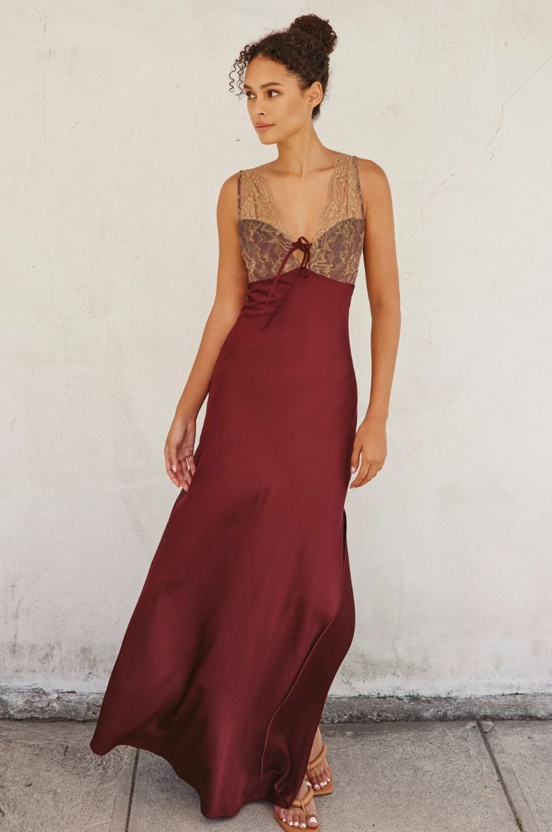 •BILTMORE BLISS- SANGRIA• lace bust satin maxi dress