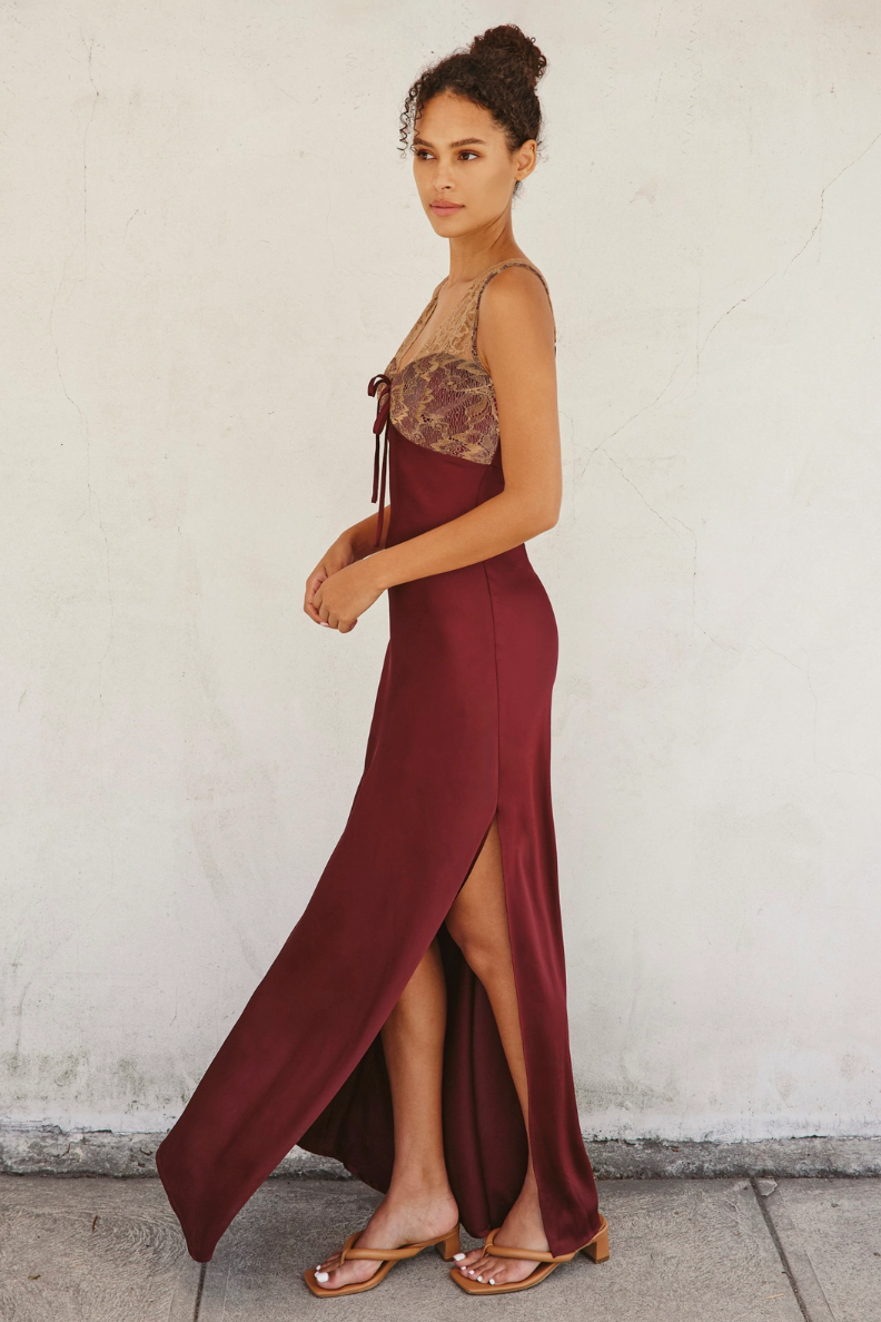 •BILTMORE BLISS- SANGRIA• lace bust satin maxi dress